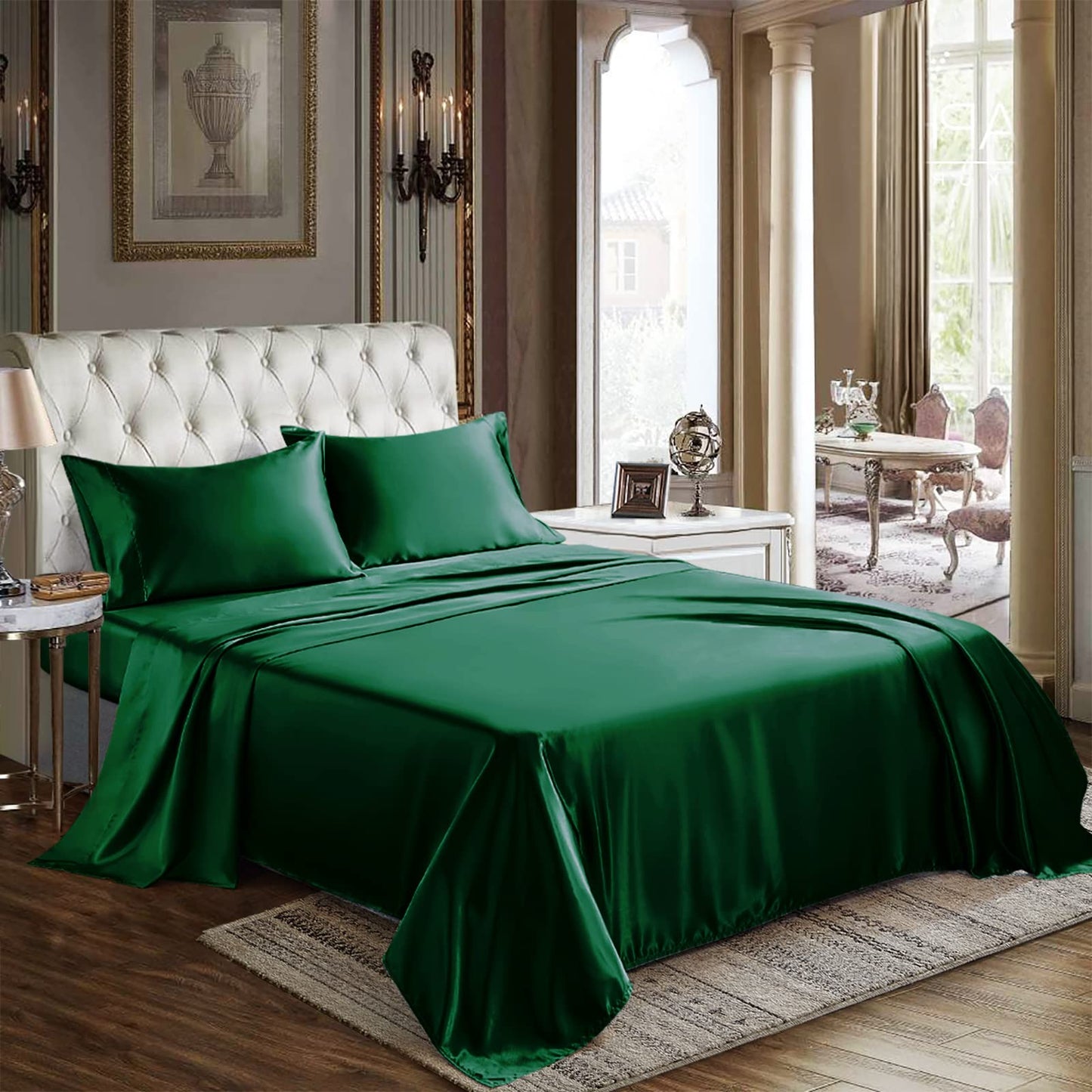 CozyLux Satin Sheets Queen Size - 4 Piece Black Bed Sheet Set with Silky Microfiber, 1 Deep Pocket Fitted Sheet, 1 Flat Sheet, and 2 Pillowcases - Smooth and Soft