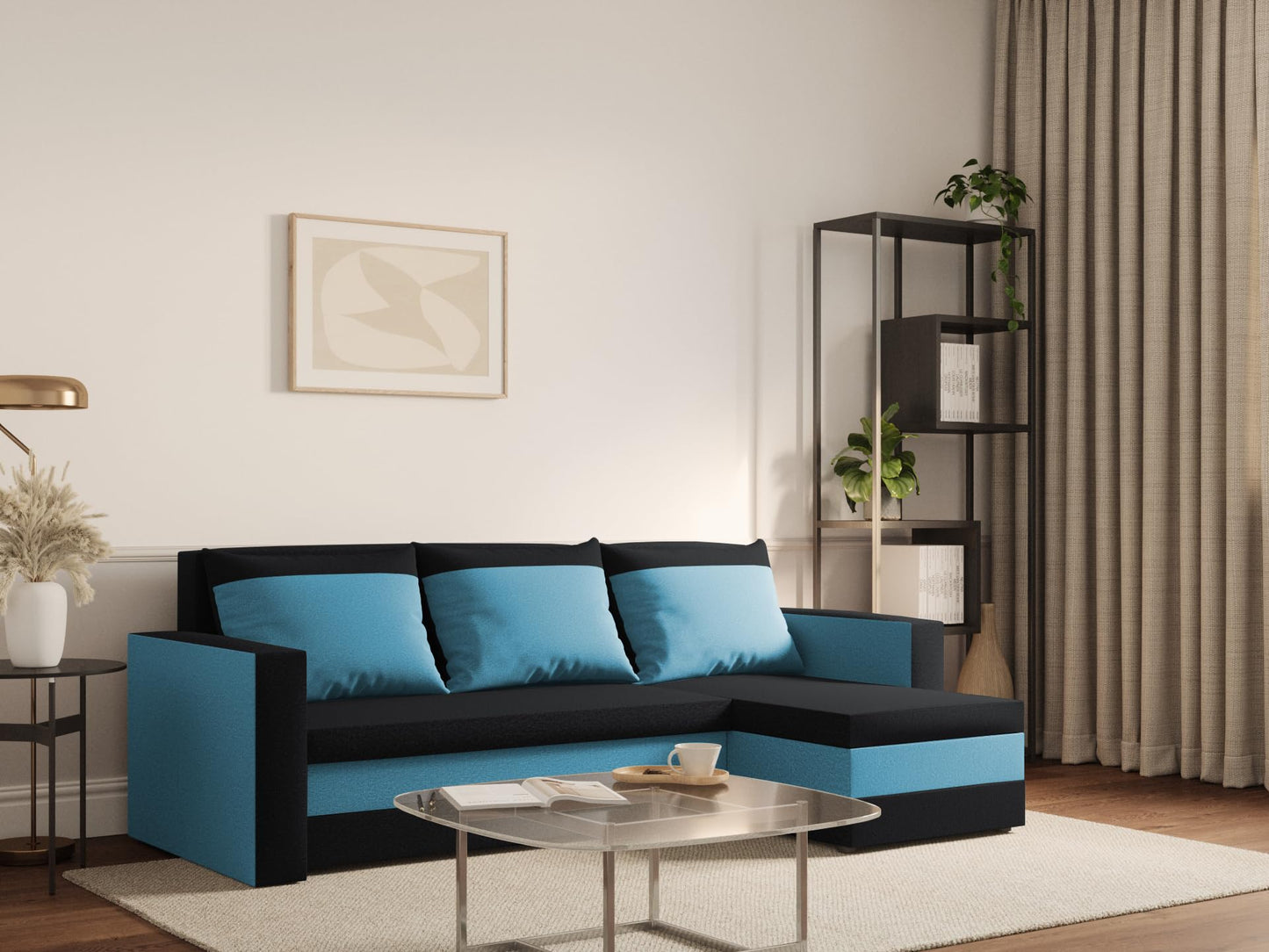 FORNIRO 24 Loft Ecksofa mit Schlaffunktion und Bettkasten - Sofa mit 3 Sitzen und Robustem Überzug - Universal Schlafcouch L-Form - Modern Couch - 225x130x75 cm - Schwarz-Türkis