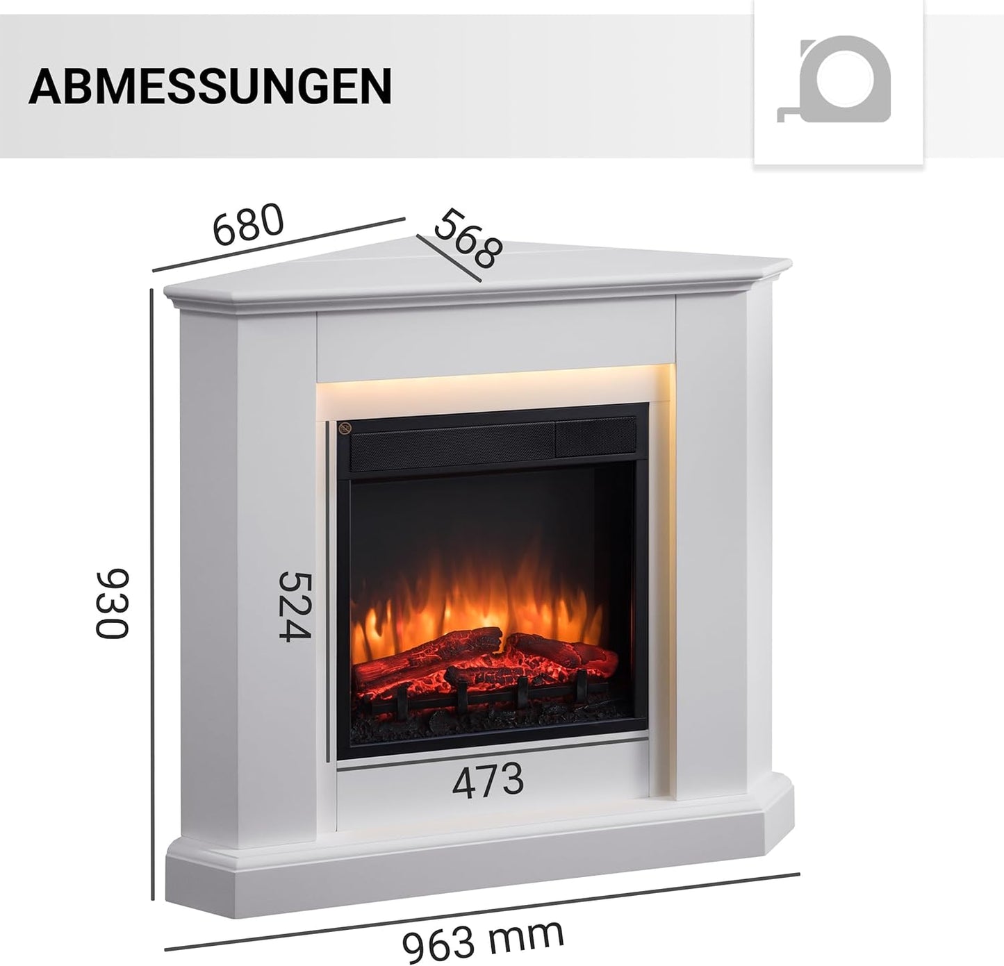 BALDERIA Elektrokamin Candela | Elektrischer Eckkamin mit 3D-Flammeneffekt | Elektro Heizung 2000W, LED-Beleuchtung, Fernbedienung, Timer & Thermostat | Weiß