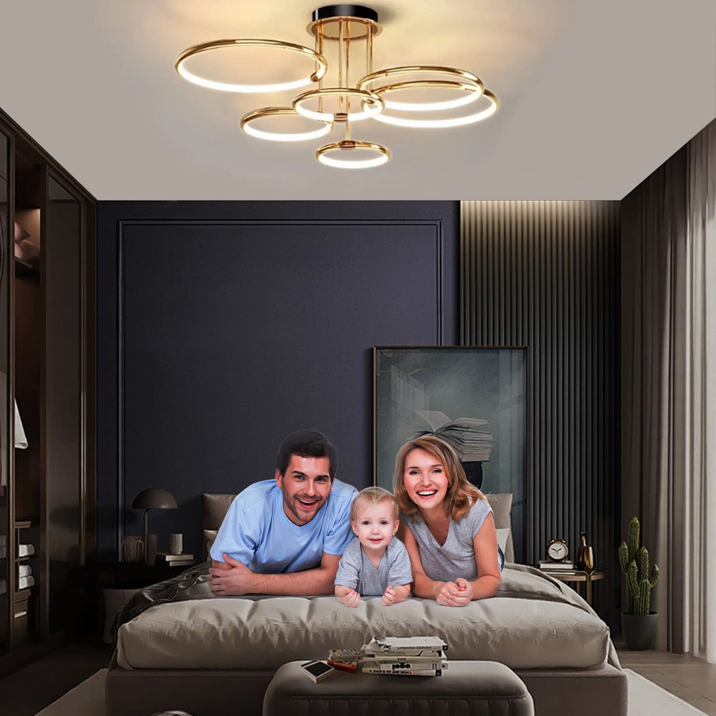 LED Deckenleuchte Modern Design Deckenlampen Gold 5-Ring Lampen Dimmbar Wohnzimmerlampe mit Fernbedienung, Aluminium Led Beleuchtung für Wohnzimmer Schlafzimmer Küche Esszimmer Büro 93cm, 108W…