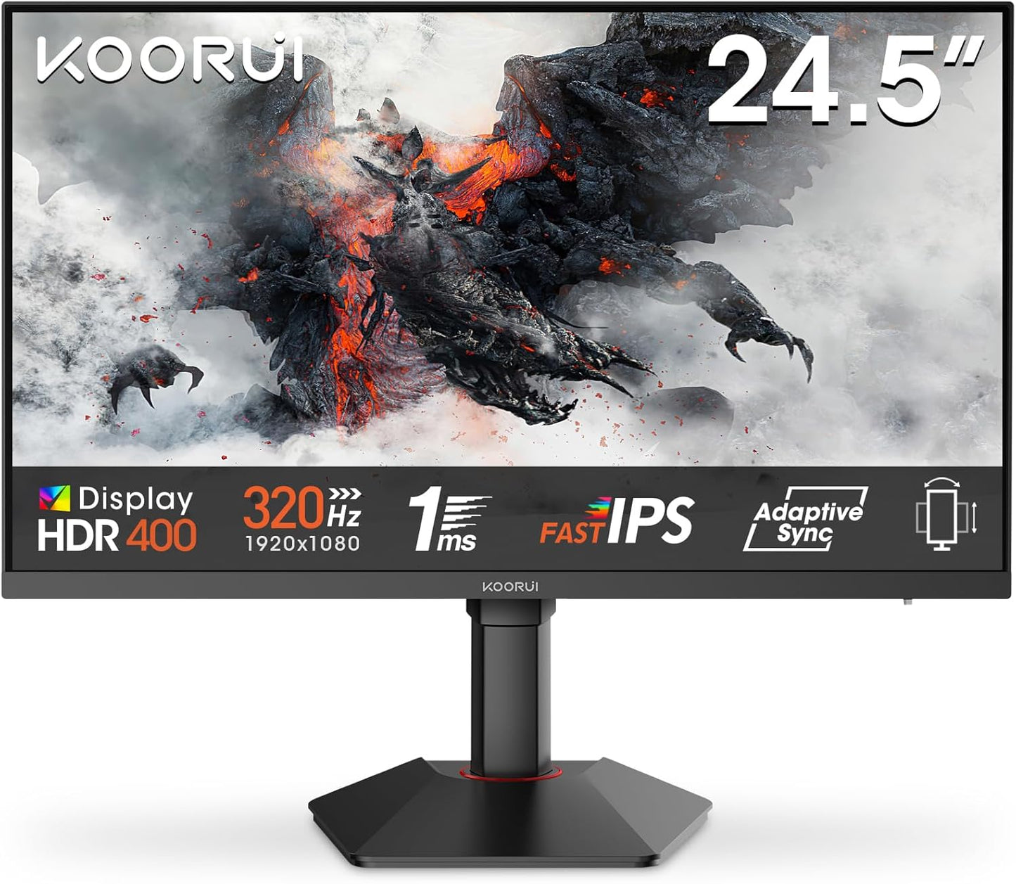 KOORUI Gaming Monitor 24 Inches, 200Hz PC Screen FHD 1920 x 1080 Fast IPS HDR400, Adaptive Sync 1ms, HDMI 2.0 & DP 1.4, VESA 75 x 75 mm-G2411P