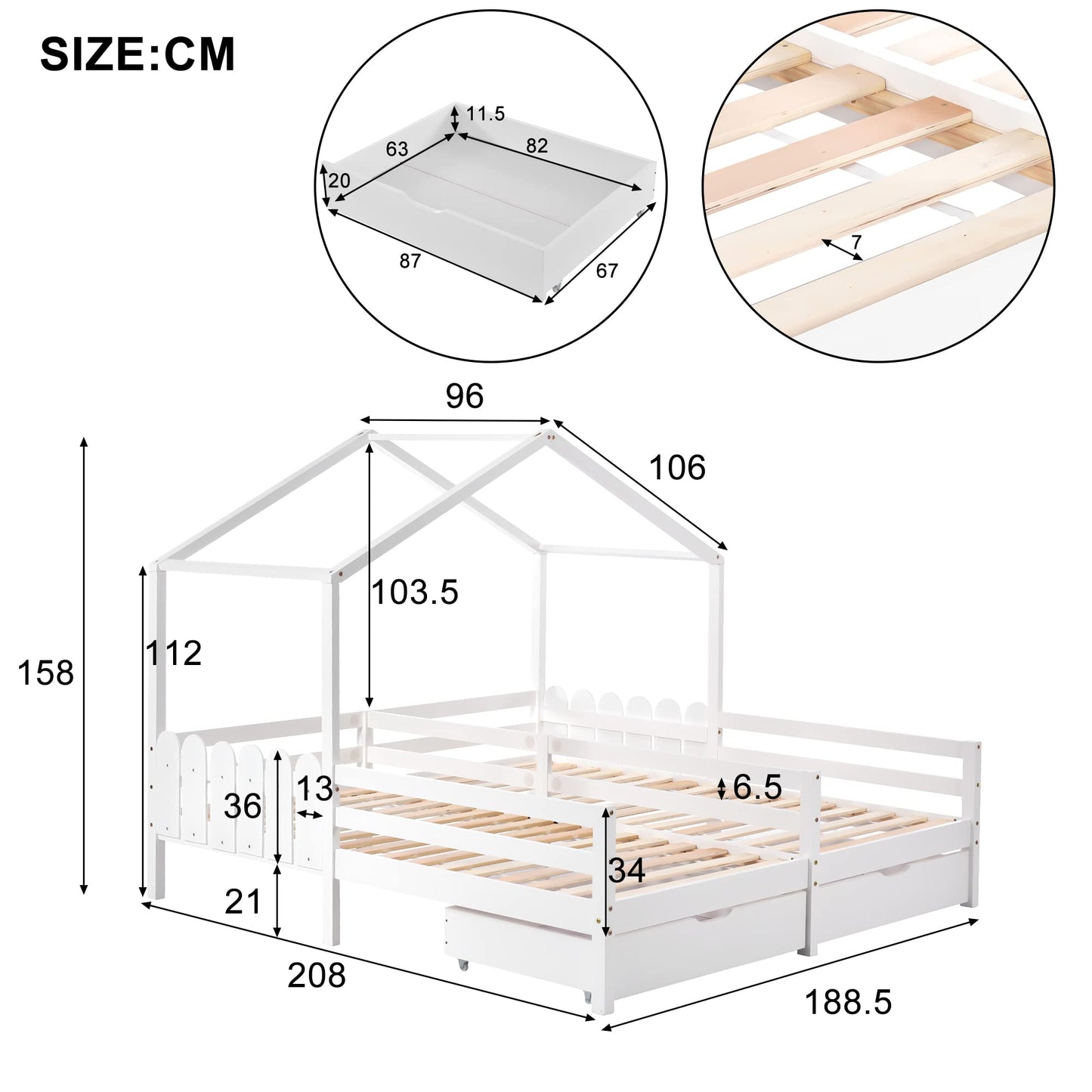 Merax Hausbett 90x200 cm mit 2 Schubladen, für 2 Kinder Doppelbett, Vielseitiges Holz Baumhausbett für Mädchen & Jungen, Stabil Spielbett Gitterbett mit Rausfallschutz und Lattenrost, Weiß