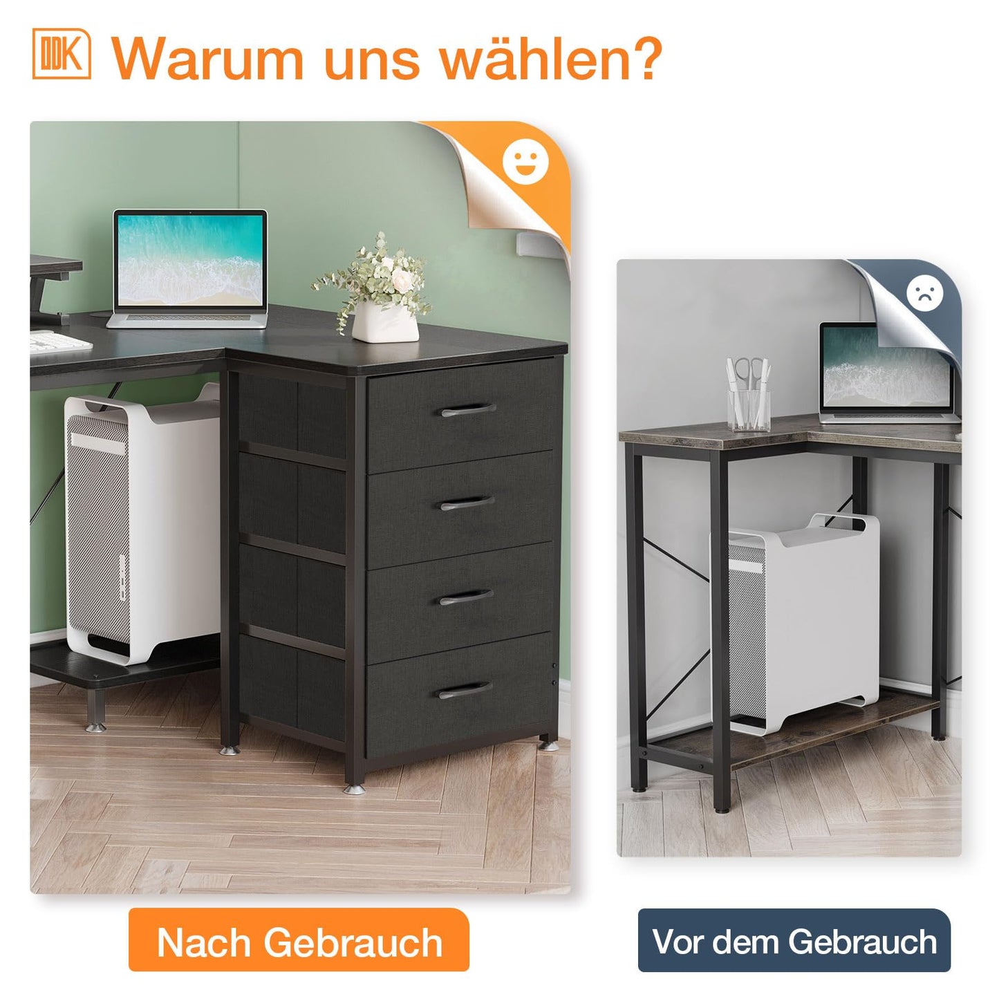 ODK Corner Desk with 4 Fabric Drawers, 140 x 80 cm, Desk L Shape Reversible with USB Charging Port and Socket, L Shaped Desk with Monitor Shelf for Home Office, White