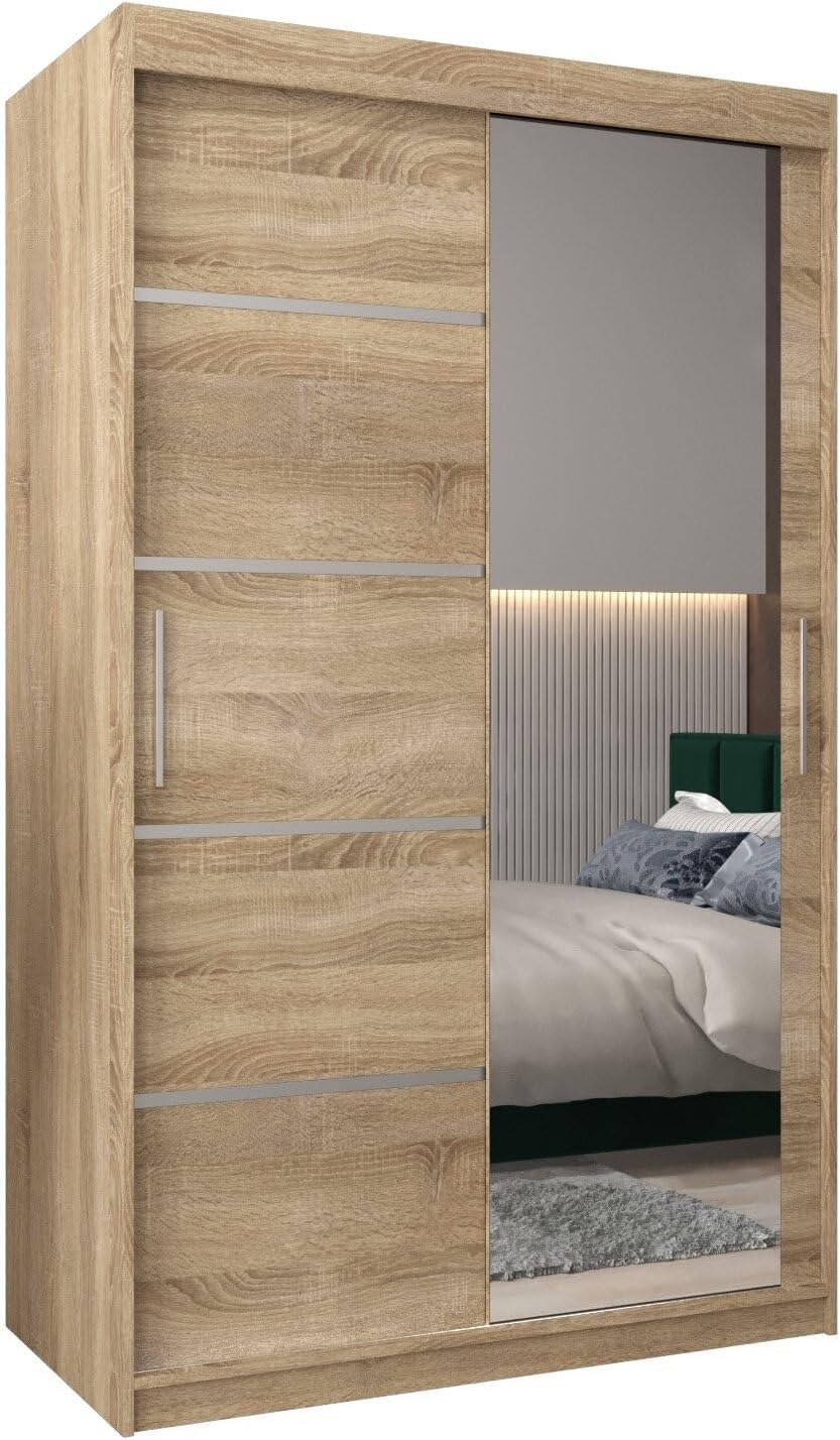 MEBLE KRYSPOL Kleiderschrank mit Spiegel Verona 2 - Garderobenschrank - Schrank Schlafzimmer - Mehrzweckschrank DREI Schiebetüren - Regalen - Flur Möbel - Kleiderstange Schrank - Allzweckschrank