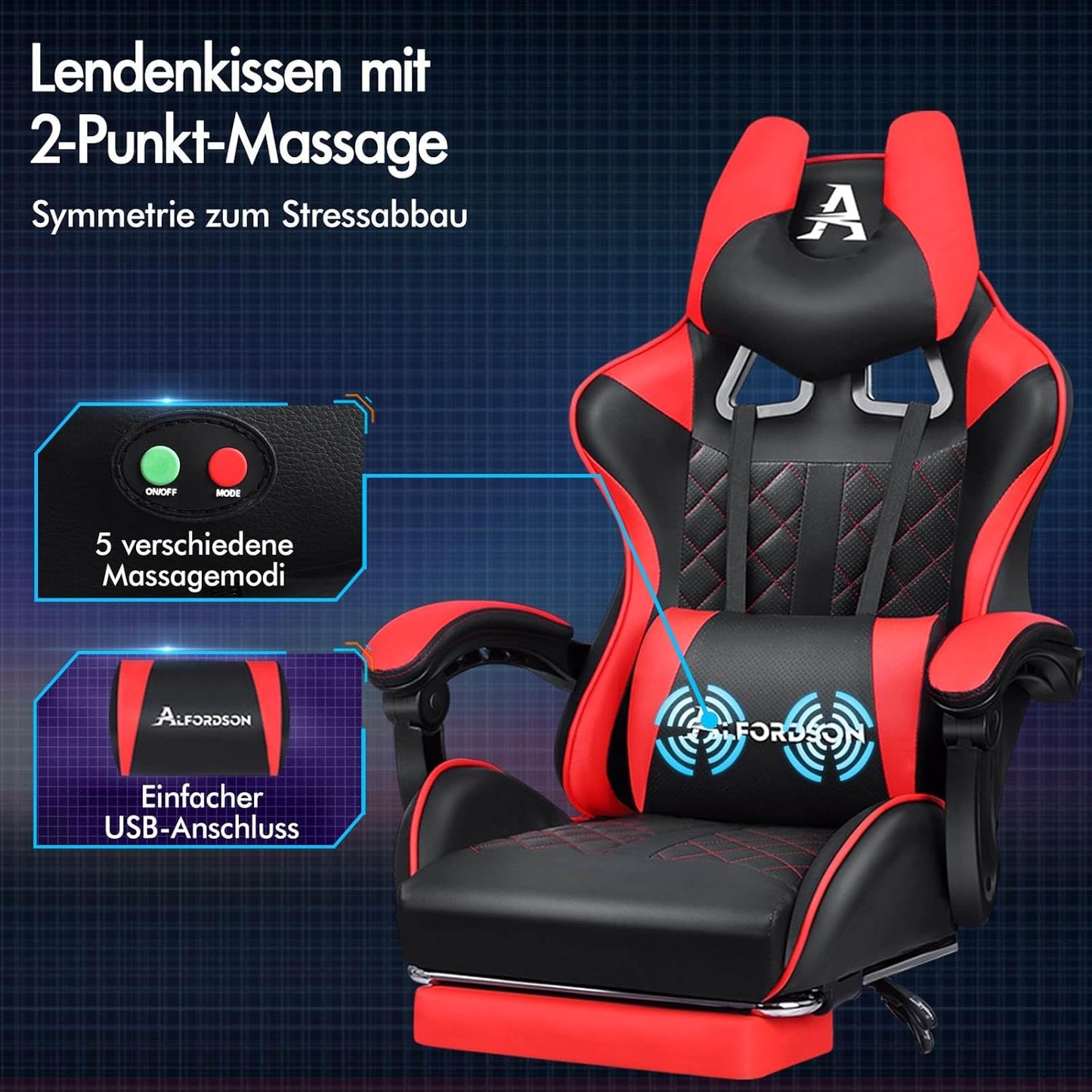 ALFORDSON Premium Gaming Chair with Footrest and Lumbar Support, Ergonomic Design, 150° Tilt, Leather Desk Chair for Gaming Office, 180kg Load Capacity, Red
