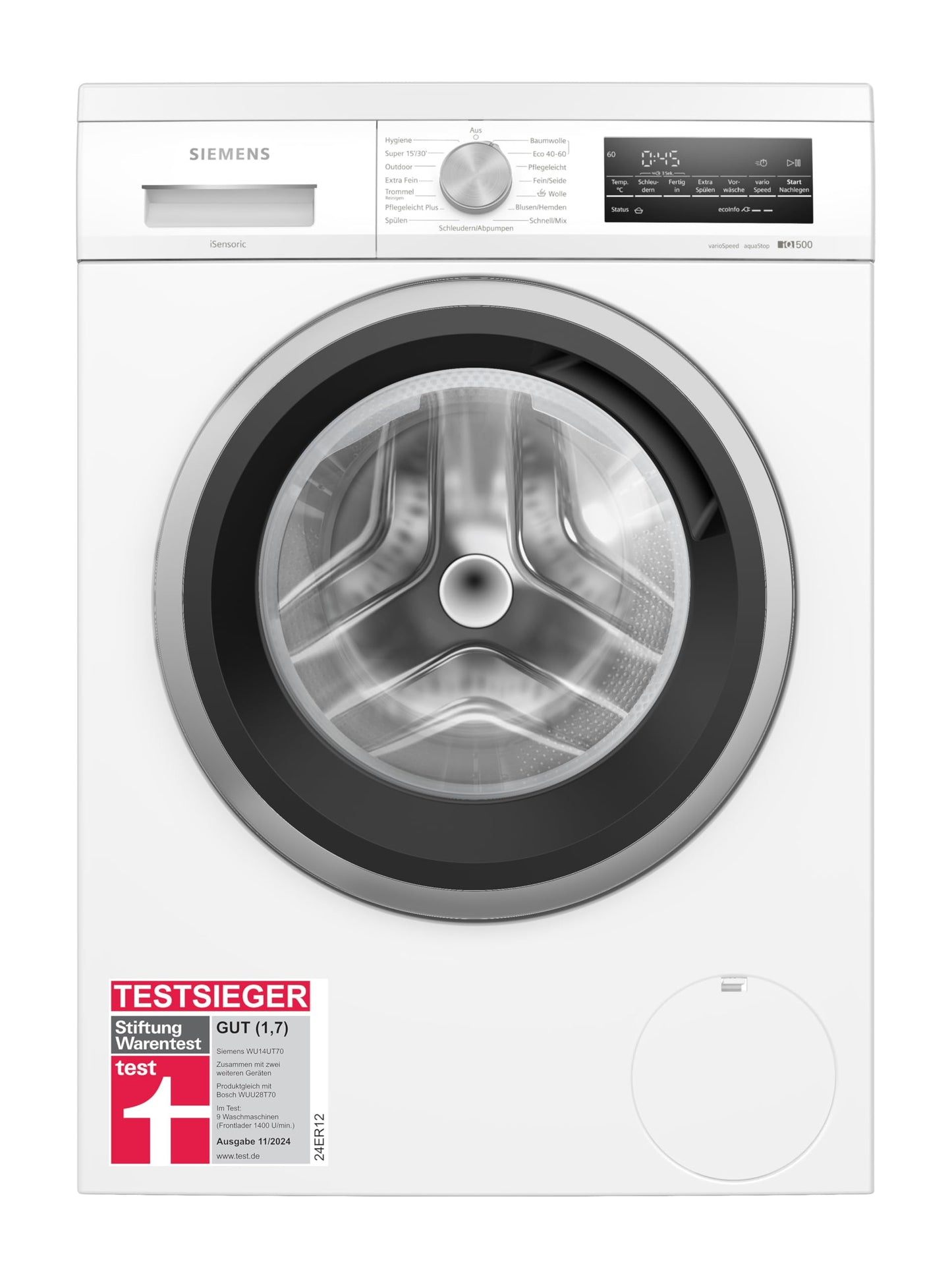 Siemens WM14N12A Waschmaschine iQ300, Frontlader mit 9kg Fassungsvermögen, 1400 UpM, speedPack L, smartFinish, Outdoor-Programm, LED-Display, Weiß, 60cm