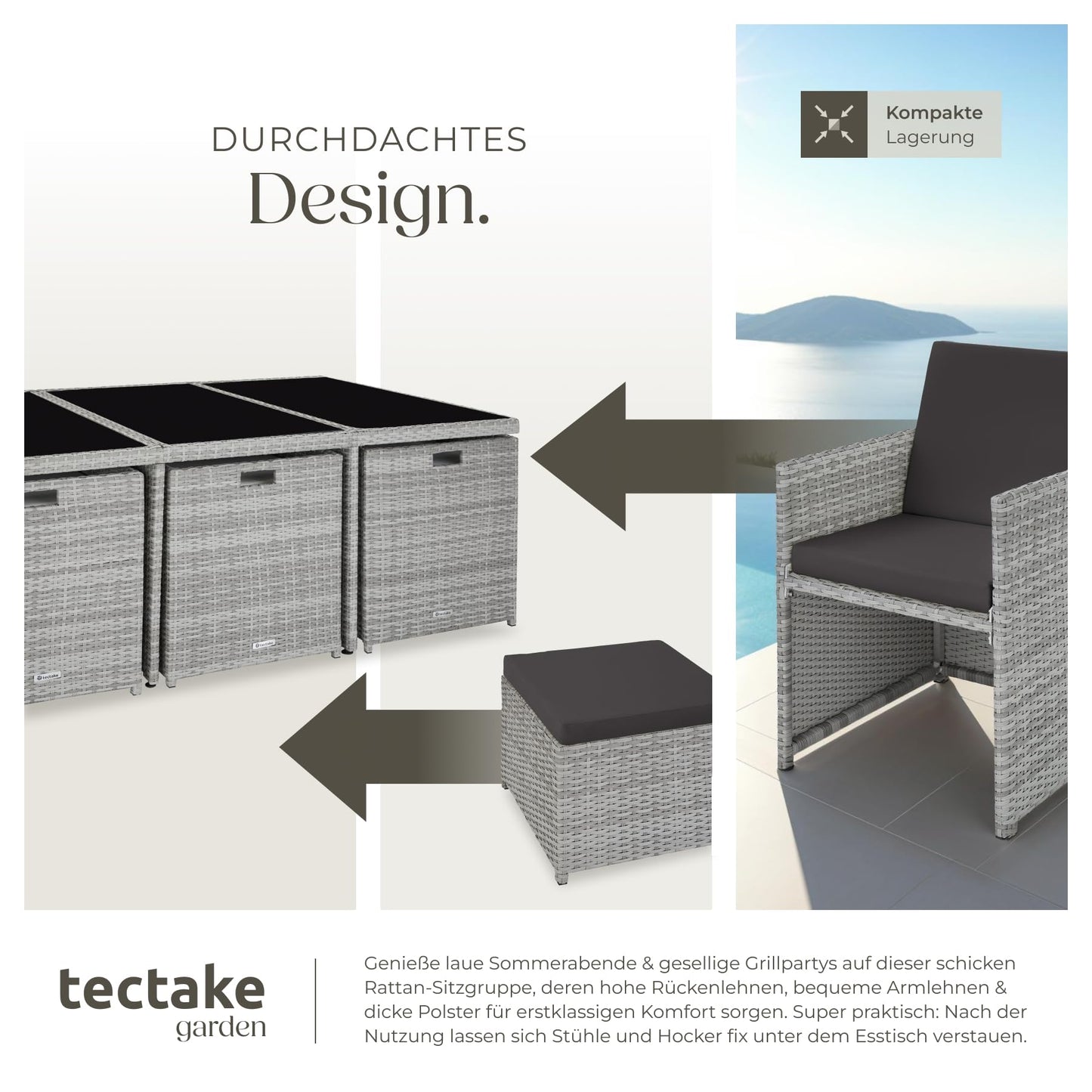 tectake Polyrattan Gartenmöbel Set, Sitzgruppe mit 6 Stühle +1 Glasplatte Tisch + 4 Hocker, Gartenlounge Set klappbar, für bis zu 10 Personen, Balkon Möbel, inkl. 2 Bezugsset - Natur