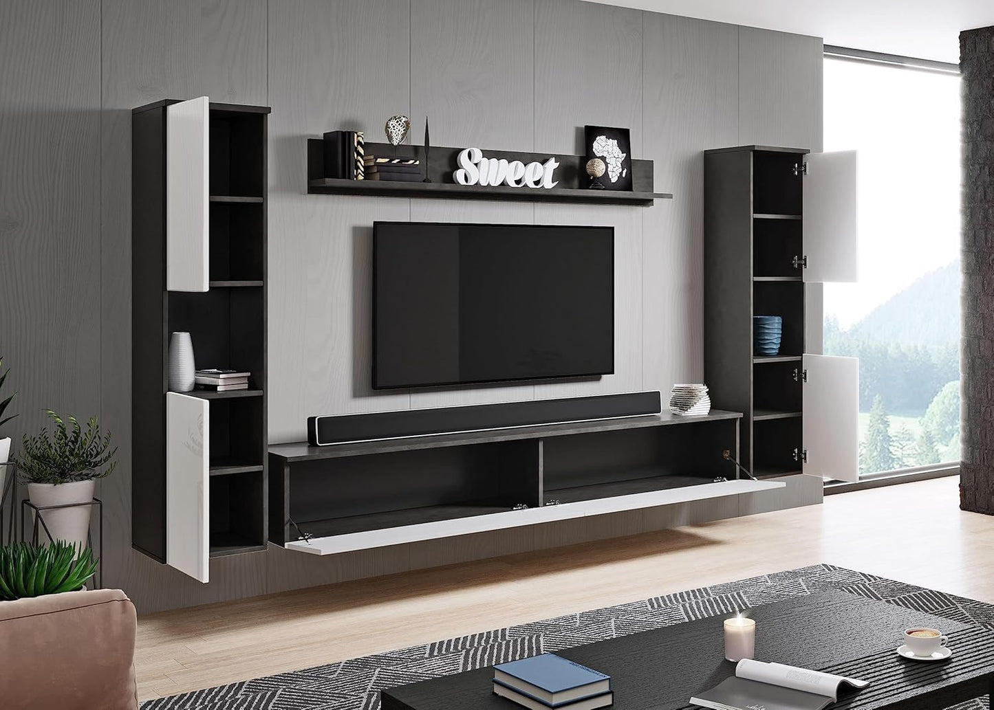 MINIO go for it - Parma XL Wall Unit, 4-Piece Set, with LED Lighting, Hanging or Standing, 2 x Highboard, Lowboard, Wall Board, Laminated Chipboard, Colour: Wotan Oak