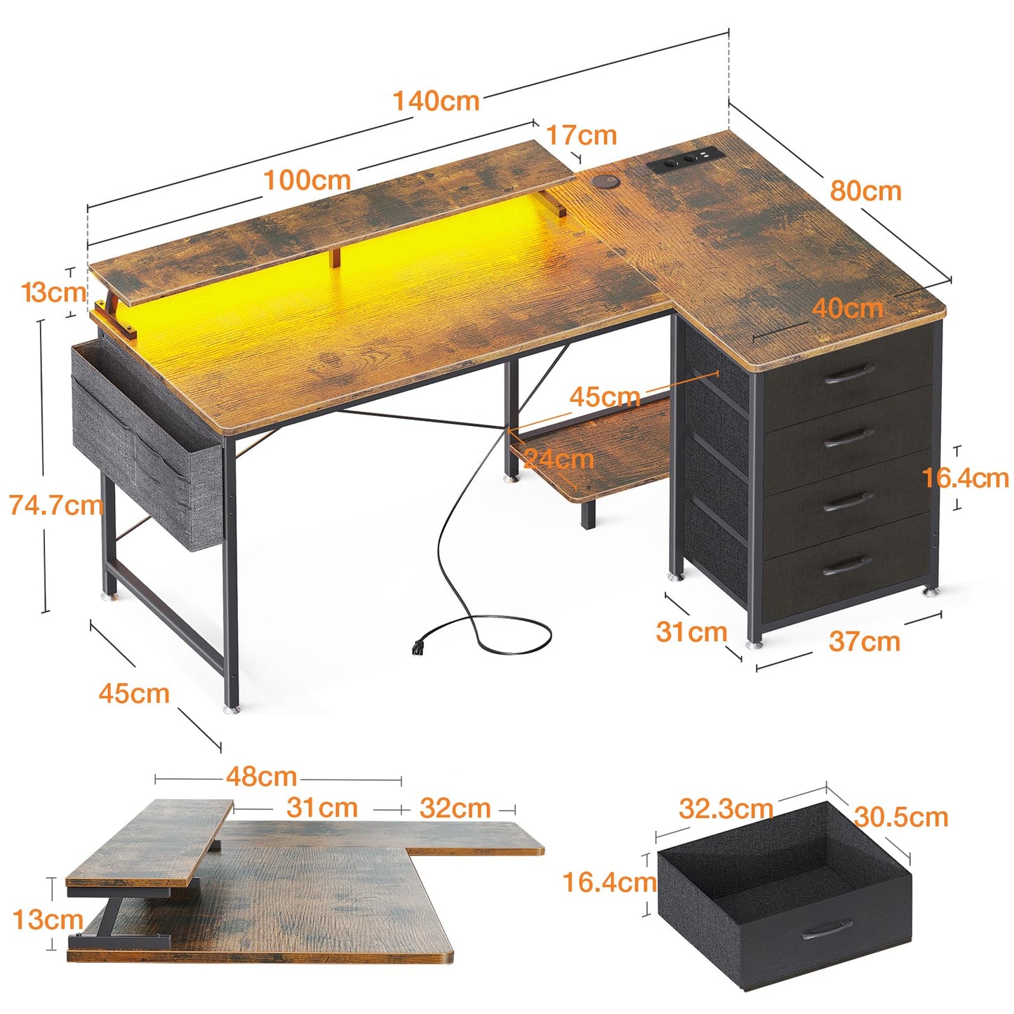ODK Eckschreibtisch mit 4 Stoff Schubladen, 160x80cm Reversible Schreibtisch L Form mit 2 Steckdosen und 2 USB Ladeanschluss, Gaming Tisch L Form mit LED&Monitorständer für Home Office, Schwarz