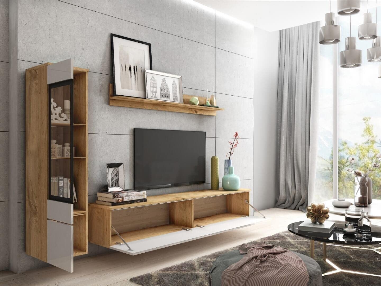 MINIO go for it Veve 2, 4-Piece Wall Unit Set, Hanging or Standing, 2 x Tall Cabinet Display Cabinets, Lowboard, Wall Board, Laminated Clamping Plate, Wotan Oak and Black Gloss, without Lighting