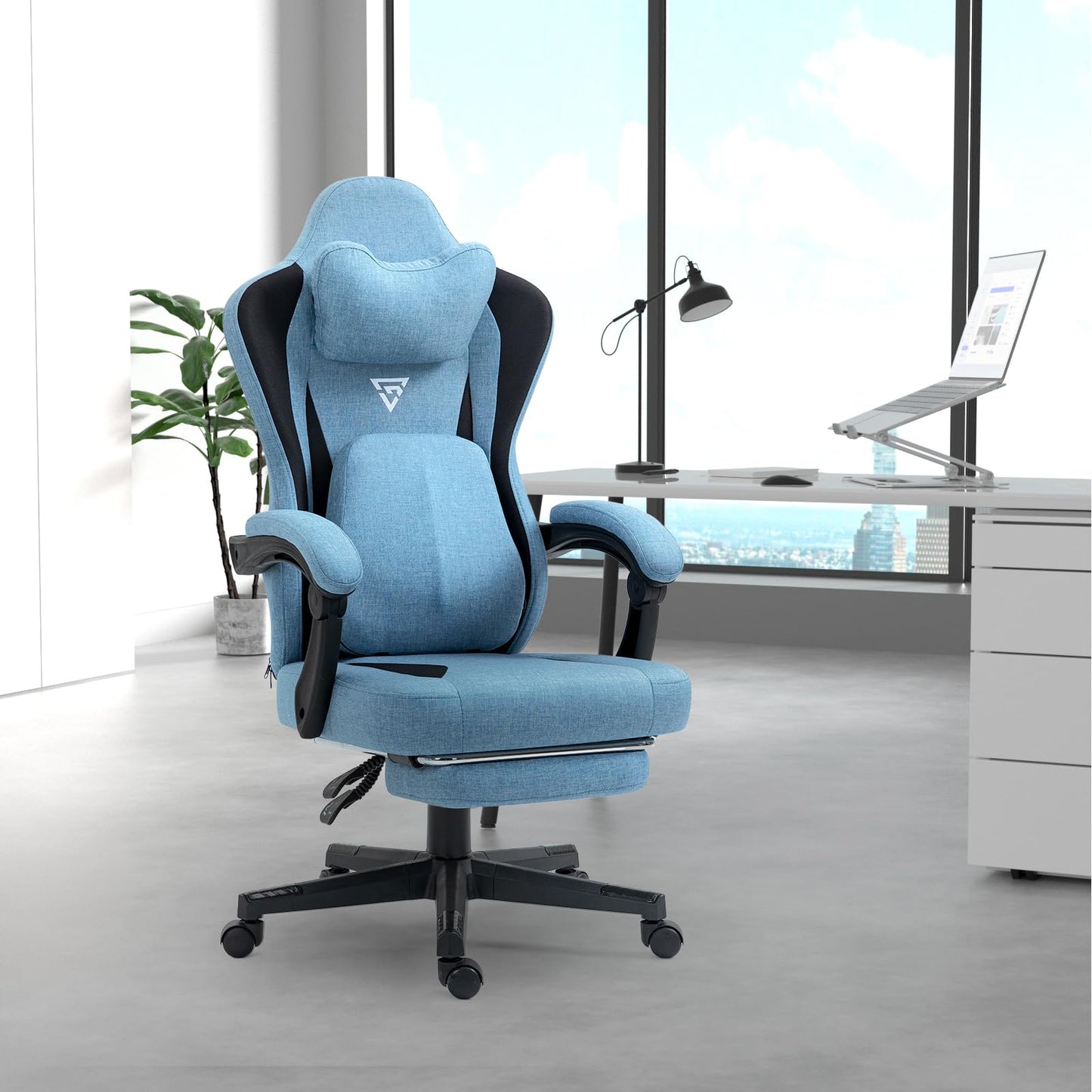 Vigosit Gaming Chair with Heated Massage Lumbar Support, Fabric Gamer Chair with Bag Spring Cushion and Footrest, Horse and High Gamer 150 kg Load Capacity (Pale Pink)