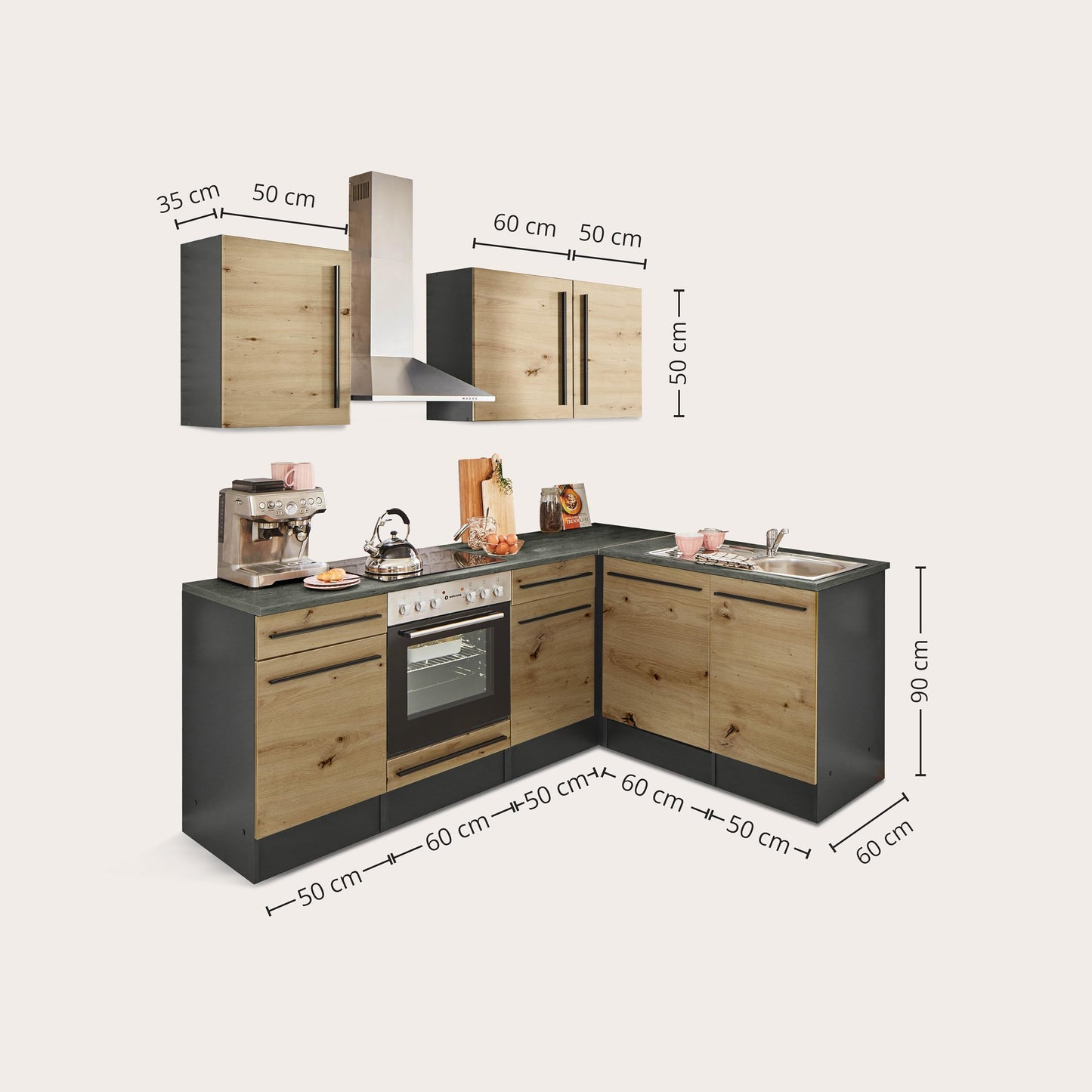 Jazz 8 Modern Corner Kitchen without Electrical Appliances in White High Gloss, Metallic Grey - Spacious Kitchen Unit in L-Shaped with Lots of Storage Space - 220 x 211 x 60 cm (W x H x D)