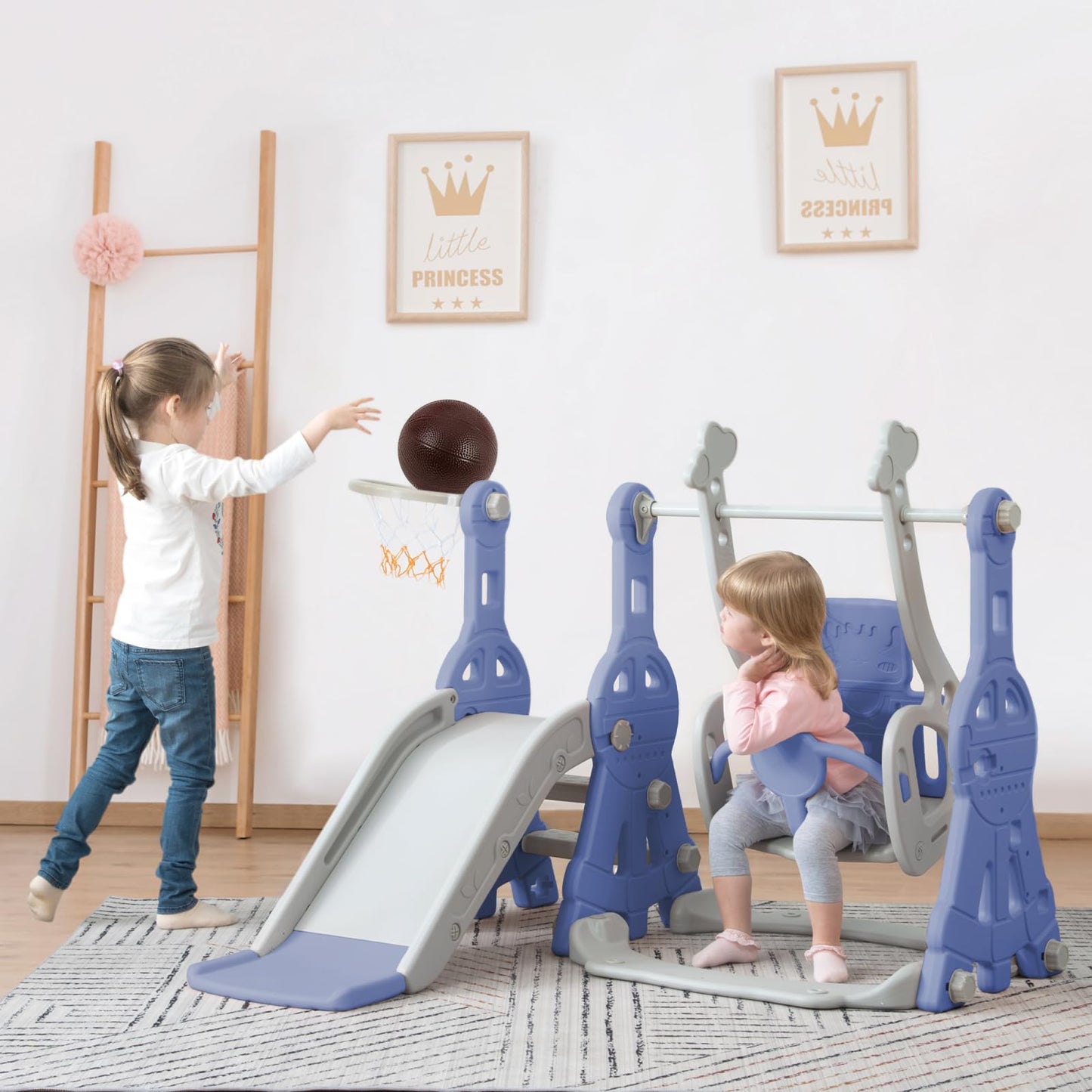 BestAlice 4 in 1 Kinderrutsche Set für Outdoor und Innen, Spielplatz mit Schaukel, Basketballkorb, Kletterleiter, Indoor- und Outdoor-Spielset, 18 Monate + (Blau)