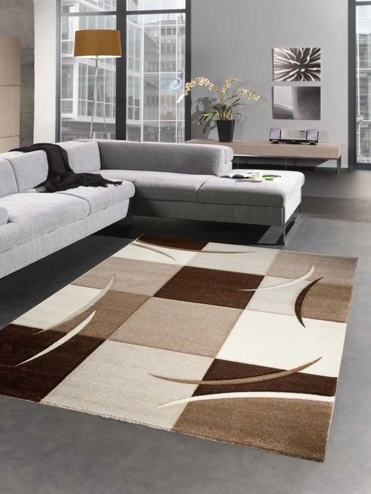 CARPETIA Modern Short Pile Living Room Rug Contour Cut Checked Abstract Grey Black White Turquoise Size 60 x 110 cm