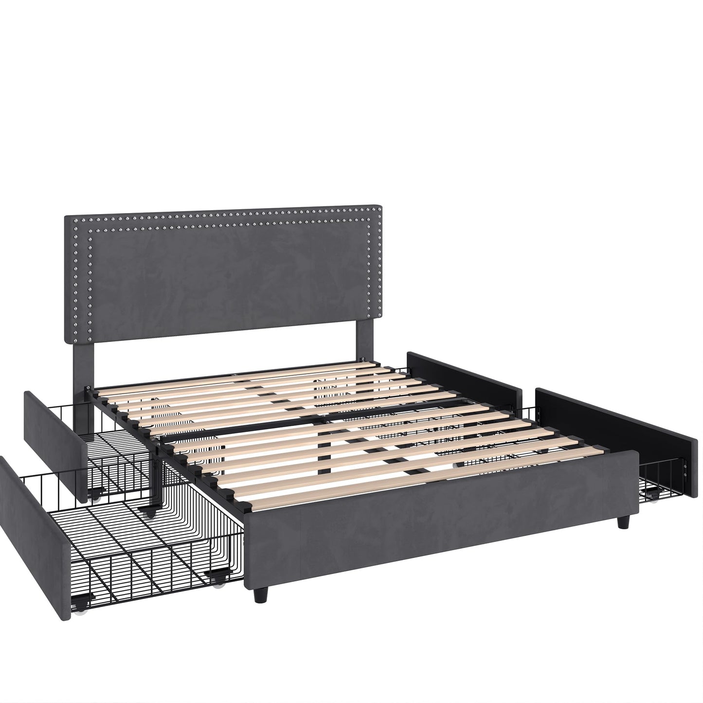 VECELO Upholstered Double Bed 140 x 200 cm with 4 Storage Drawers, Double Bed Frame with Height-Adjustable Headboard and Storage Box, Bed with Storage Space and Slatted Frame, Mattress Not Included