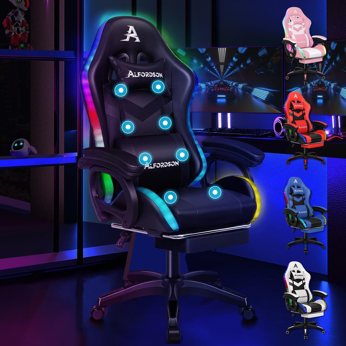 ALFORDSON Gaming Stuhl mit 8-Punkt Massage 12 Farben RGB LED-Licht, Bürostuhl Ergonomisch mit fußstützen, Kopfstütze Lendenkissen für Kinder Erwachsene, Schwarz