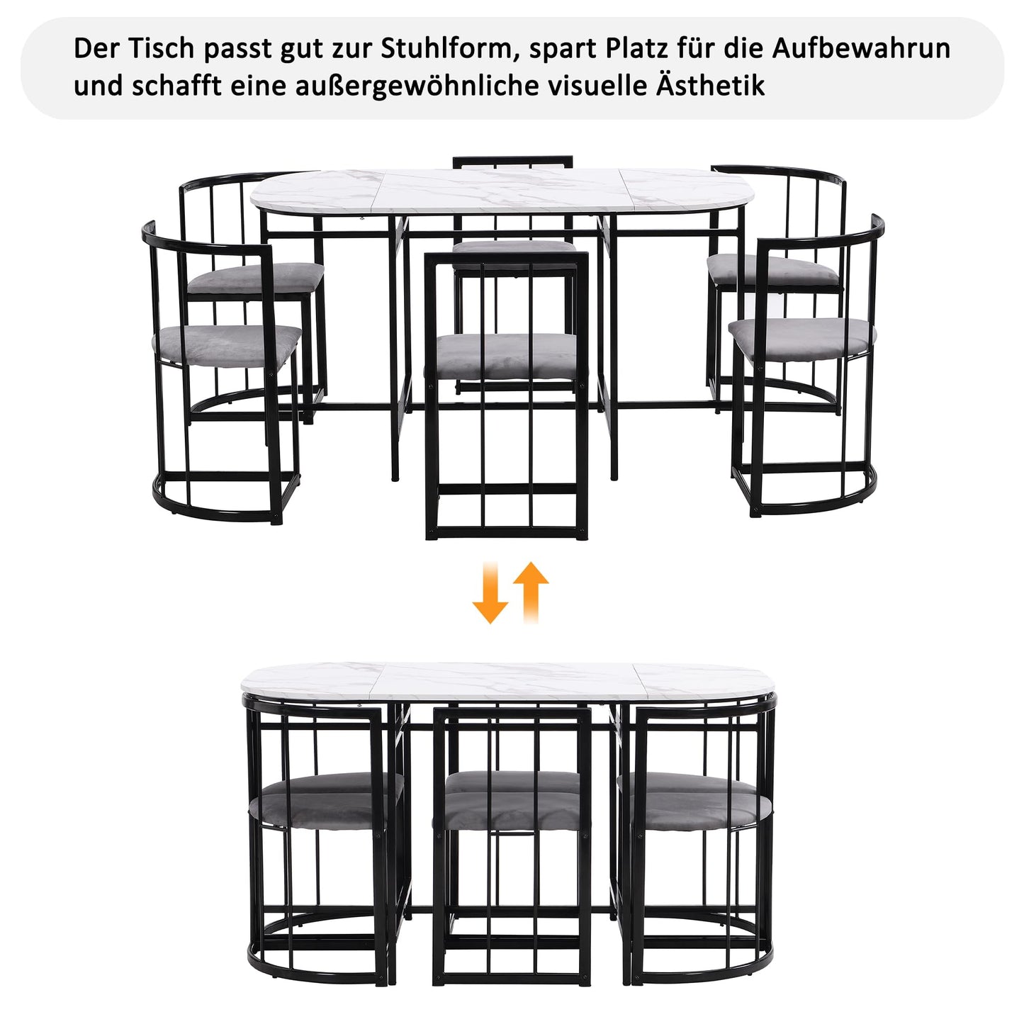 Gegtuon Esstisch 7 teilig für 6 Personen 140x80x76cm, Esstisch Rund mit 6 Stühlen und Tisch, Modern Küchentisch Metallgestell mit Rückenlehne, Essgruppe für Esszimmer Wohnzimmer Küche, Schwarz