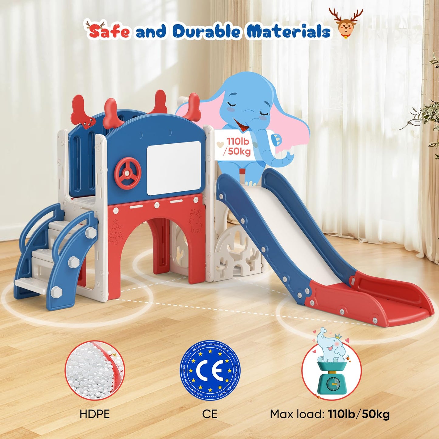 Krovtoy Kleinkindrutsche mit Weihnachtselch-Motiv, freistehende Kleinkindrutsche mit Golf-Set, Babyrutsche, Spielplatzgerät, für den Innen- und Außenbereich (Grau Beige - 6 in 1)