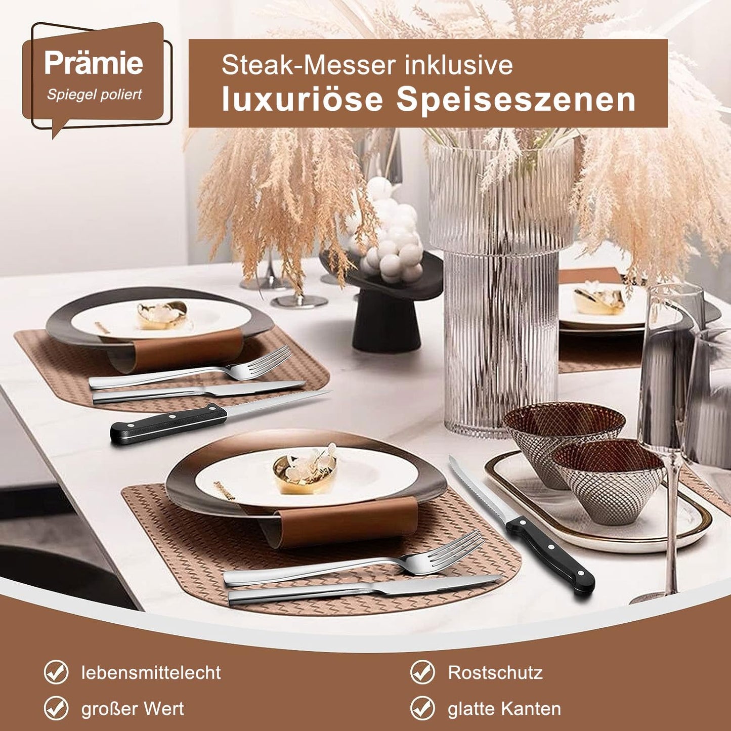 Terlulu 36 teiliges Edelstahl Besteckset mit Steakmesser, Besteck Set 6 Personen, Elegantes Essbesteck Set mit Messer Gabel Löffel, Tafelbesteck für Haus/Party/Restaurant, Spülmaschinenfest