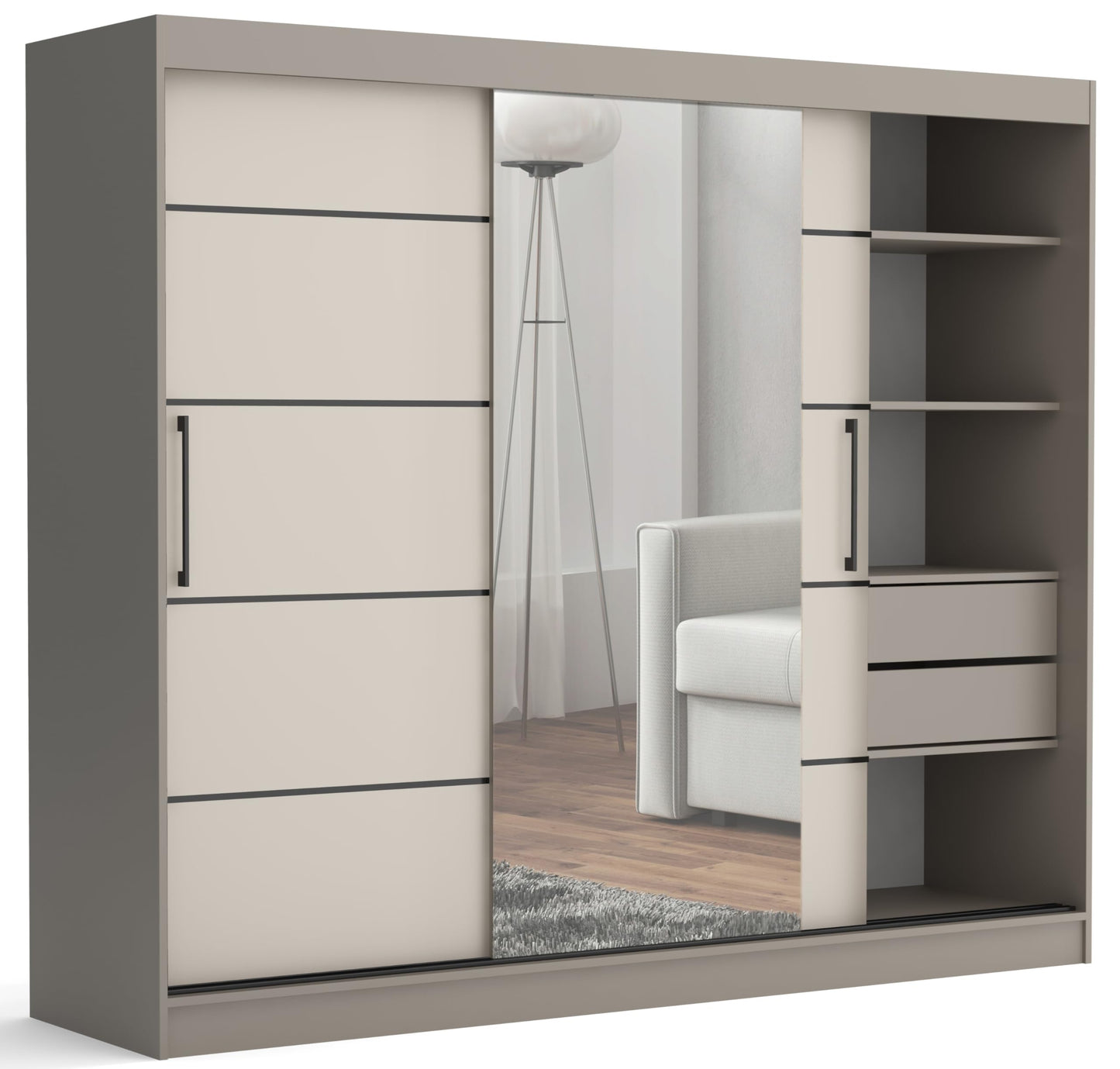 Brent - Kleiderschrank mit Spiegel und Schubladen 235cm Breit Chelsea Tomy, Schwebetürenschrank mit Spiegel, Schlafzimmerschrank, Kleiderschrank Schwarz