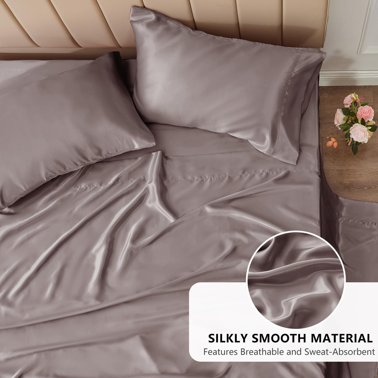 CozyLux Satin Sheets Queen Size - 4 Piece Black Bed Sheet Set with Silky Microfiber, 1 Deep Pocket Fitted Sheet, 1 Flat Sheet, and 2 Pillowcases - Smooth and Soft
