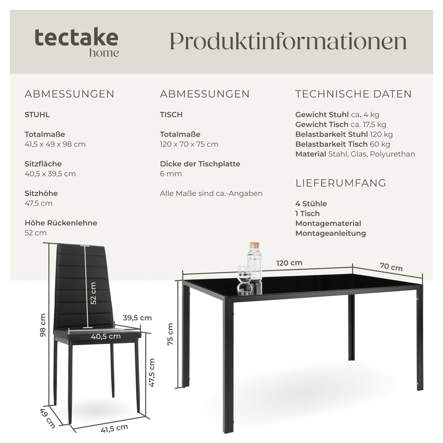 tectake Dining Set Table and Chairs, Dining Table and 4 x Chairs, Durable Faux Leather, Safety Glass Table Top, Modern Kitchen Chairs - Black