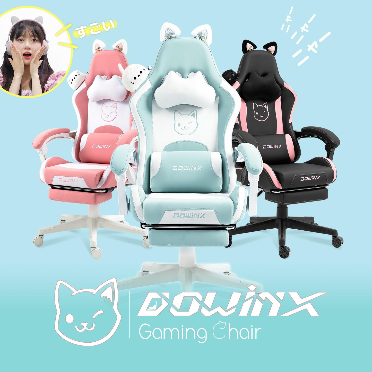 Dowinx Gaming Chair - Cute Cat Edition - Ergonomic Computer Chair with High Back and Lumbar Support, PU Leather, Footrest, Black