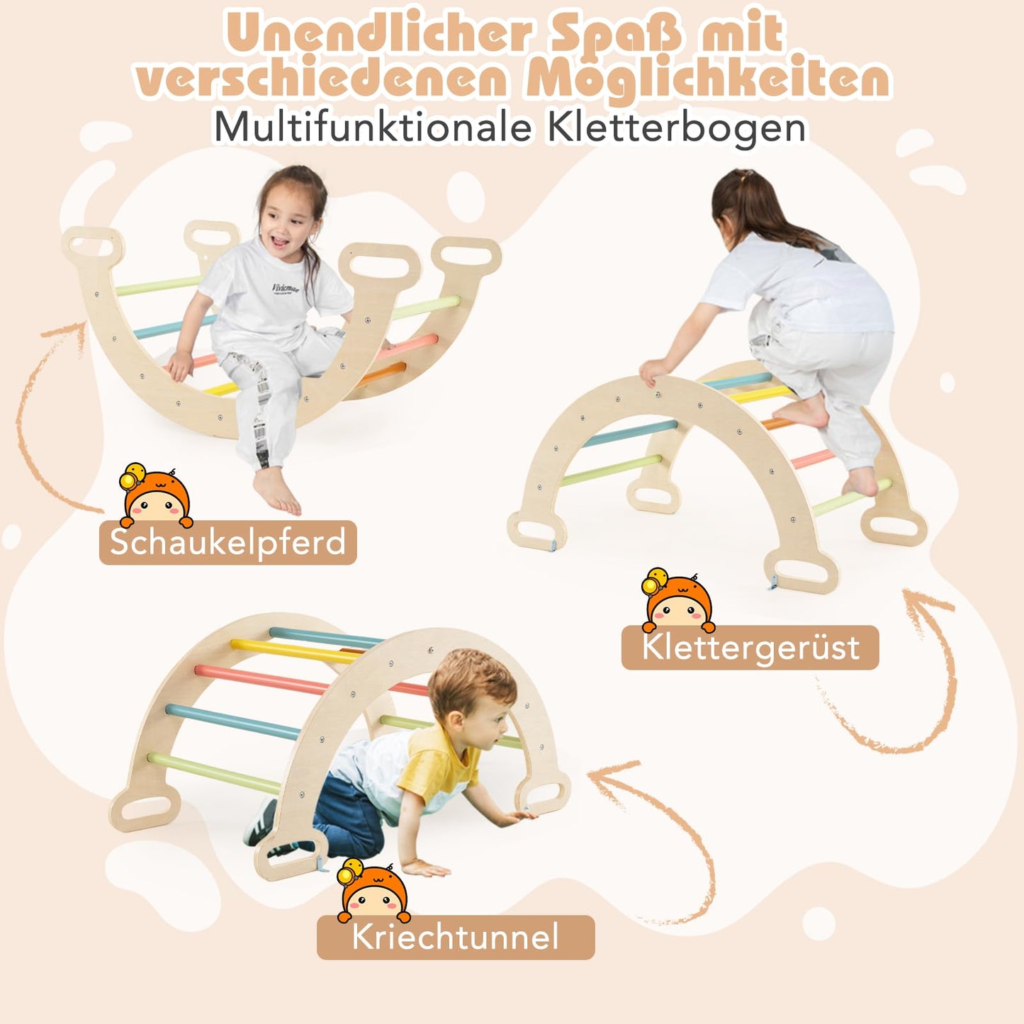 COSTWAY Kletterdreieck mit Rutsche, Kletterbogen, inkl. doppelseitige Rampe, zum Klettern, Rutschen und Wippen, 4 in 1 Klettergerüst Indoor ab 1 Jahr (Macaron bunt)