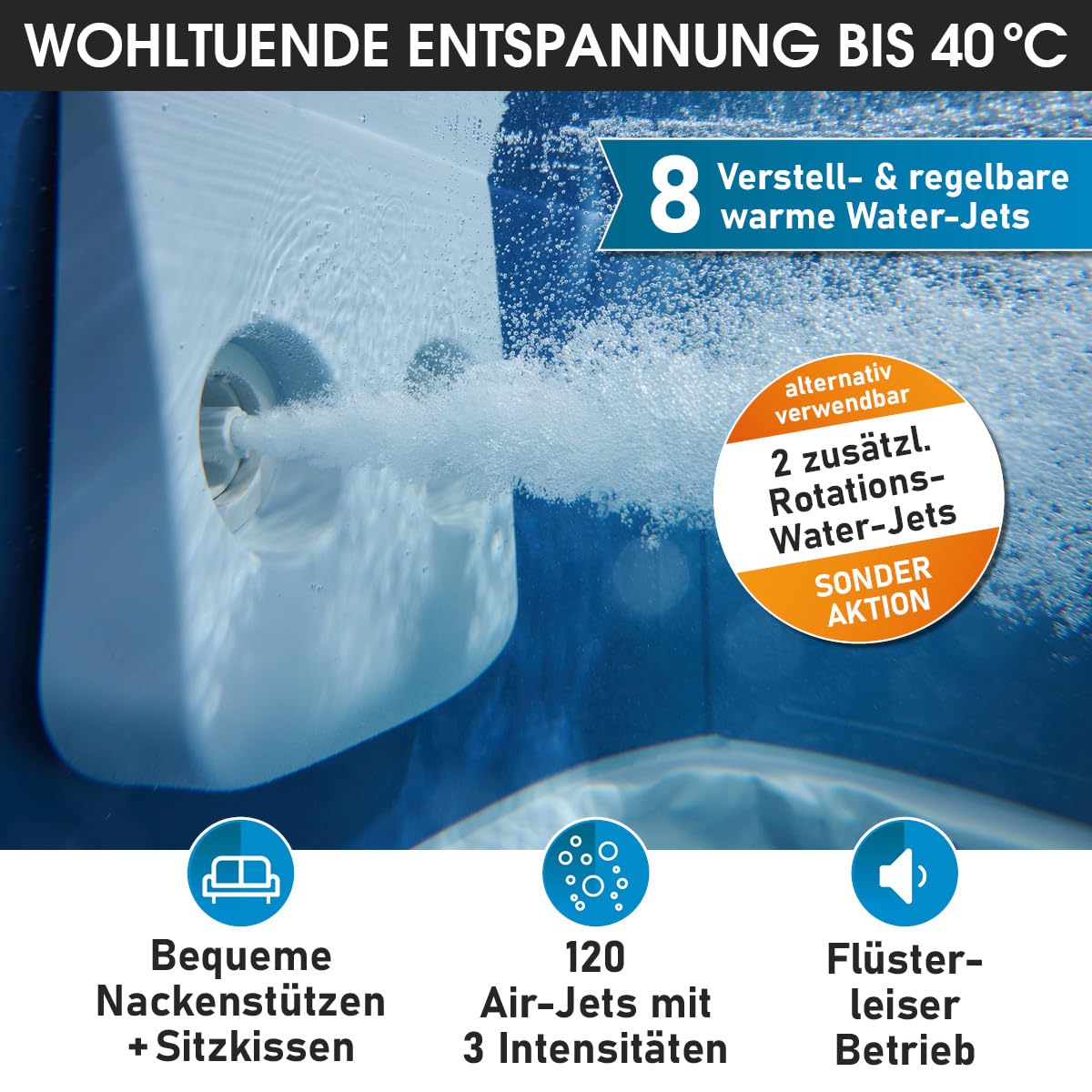 BRAST Whirlpool MSpa Oslo & Oslo Plus XXL mit Fester Außenwand | 160x160x65cm - 180x180x65cm | LED-Beleuchtung 20 Farben | 6 Personen | 120-140 Massagedüsen | Ganzjähriger Einsatz Winterfest