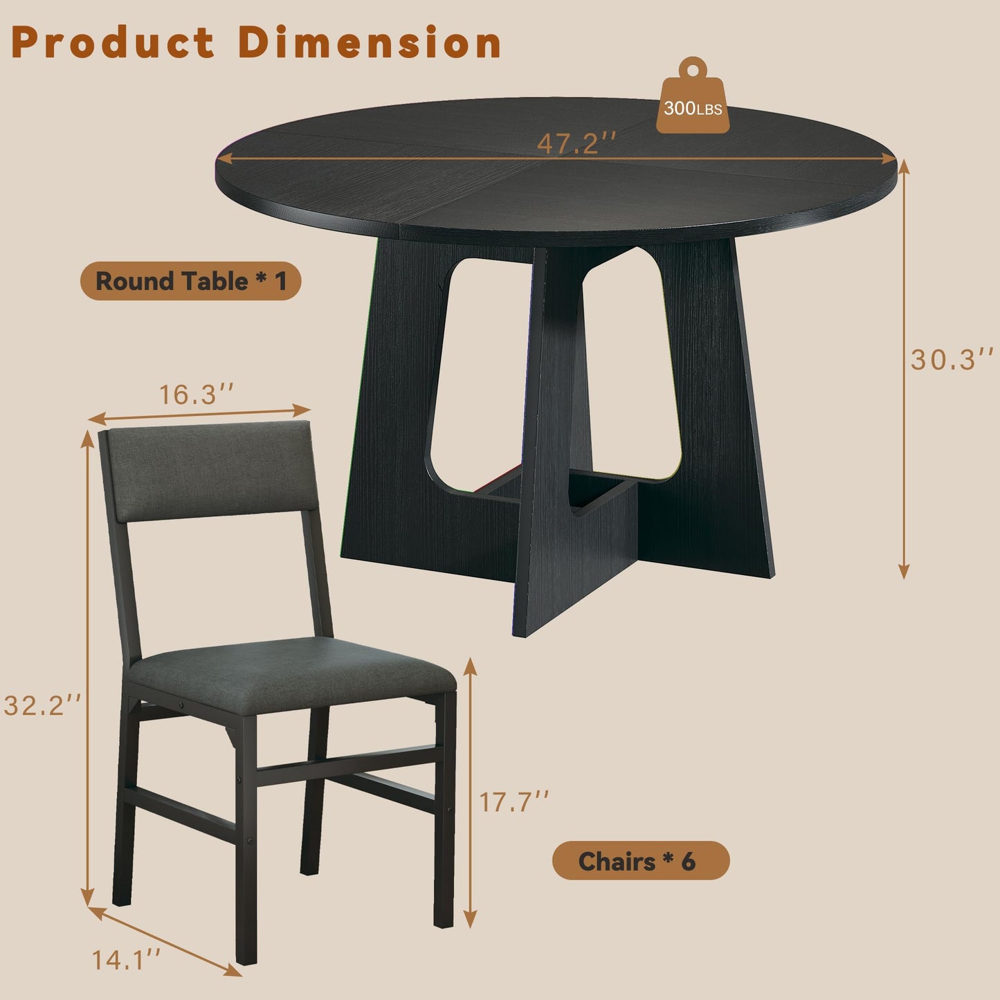 Round Dining Table Set for 6, 7-Piece Kitchen Table and Chairs for 6, 47'' Round Dining Room Table Set with 6 Chairs, Space Saving Dining Table with Wood Base for Kitchen, Living Room, Brown
