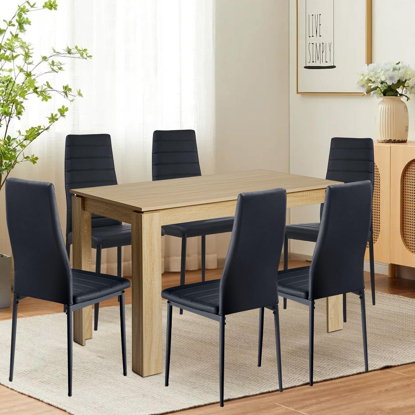 FURNITABLE Esstisch mit 6 Stühlen Esszimmergruppe, Essgruppe mit Hochlehner Kunstleder Stuhl für 6 Personen, Sitzgruppe für Küche Wohnzimmer(160cm Eiche-Weiß Tischbein Tisch+6 Schwarz Stühle)