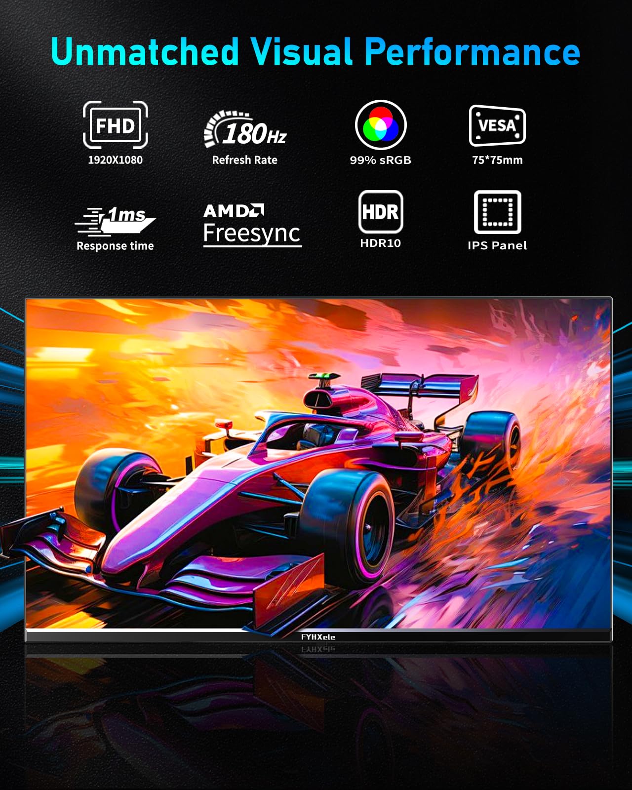 FYHXele Gaming Monitor 24 Inch 180Hz 1080P IPS 1ms MPRT PC Monitor Built-in Speaker Support 144hz/165hz/180hz Freesync Premium Display Eye Care DisplayPort1.4 HDMI2.1 VESA