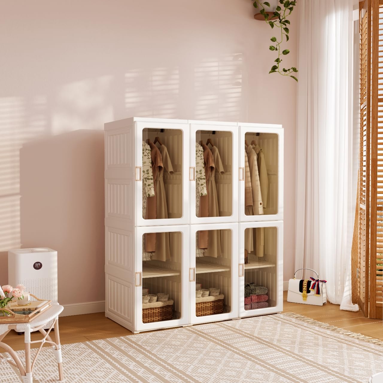 MAYIBOX Foldable Wardrobe, 104 x 170 x 50 cm, Quick Assembly, Versatile Wardrobe with Clothes Rail and Magnetic Doors, Perfect for Bedroom and Living Room, Brown Transparent Door Plate
