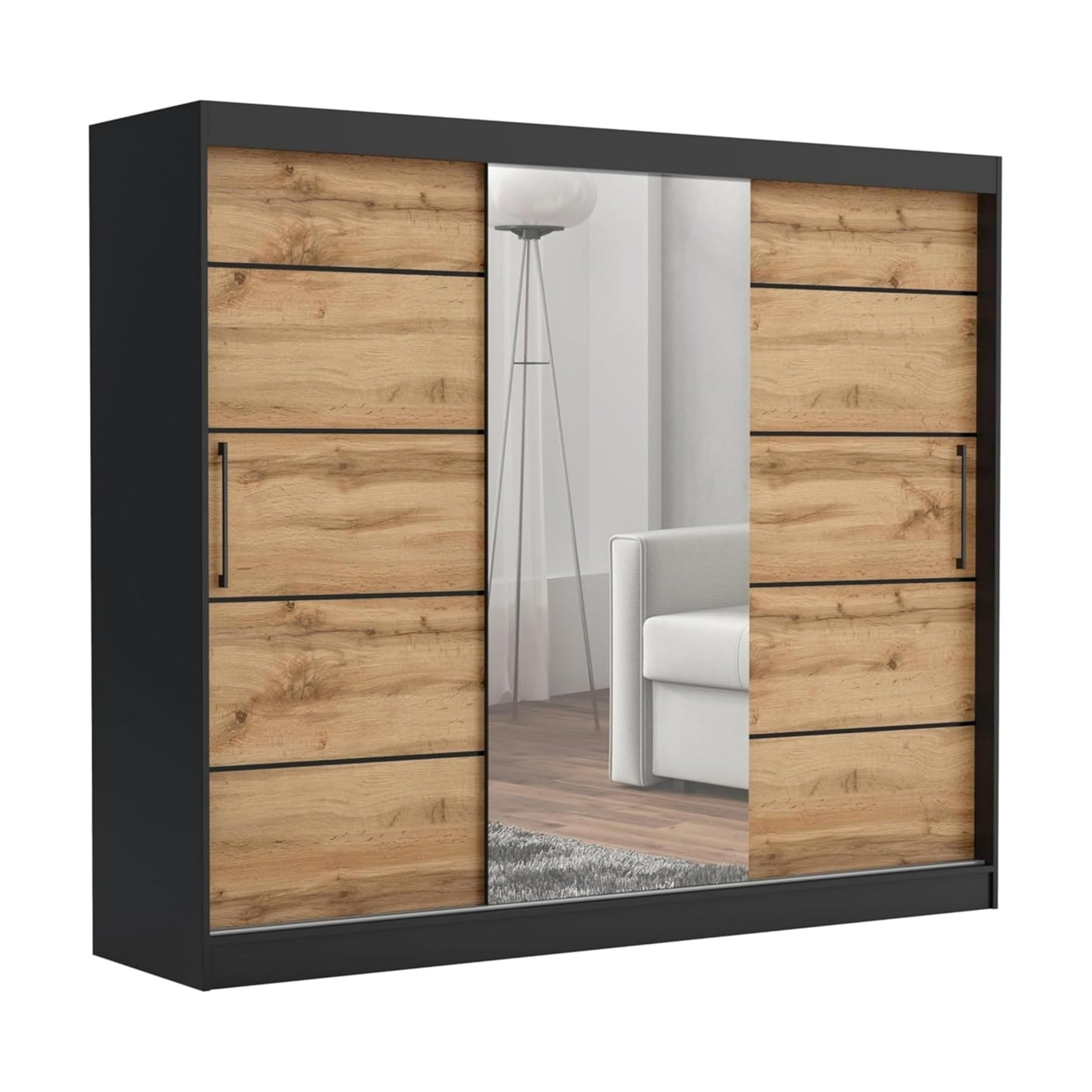 Brent - Kleiderschrank mit Spiegel und Schubladen 235cm Breit Chelsea Tomy, Schwebetürenschrank mit Spiegel, Schlafzimmerschrank, Kleiderschrank Schwarz