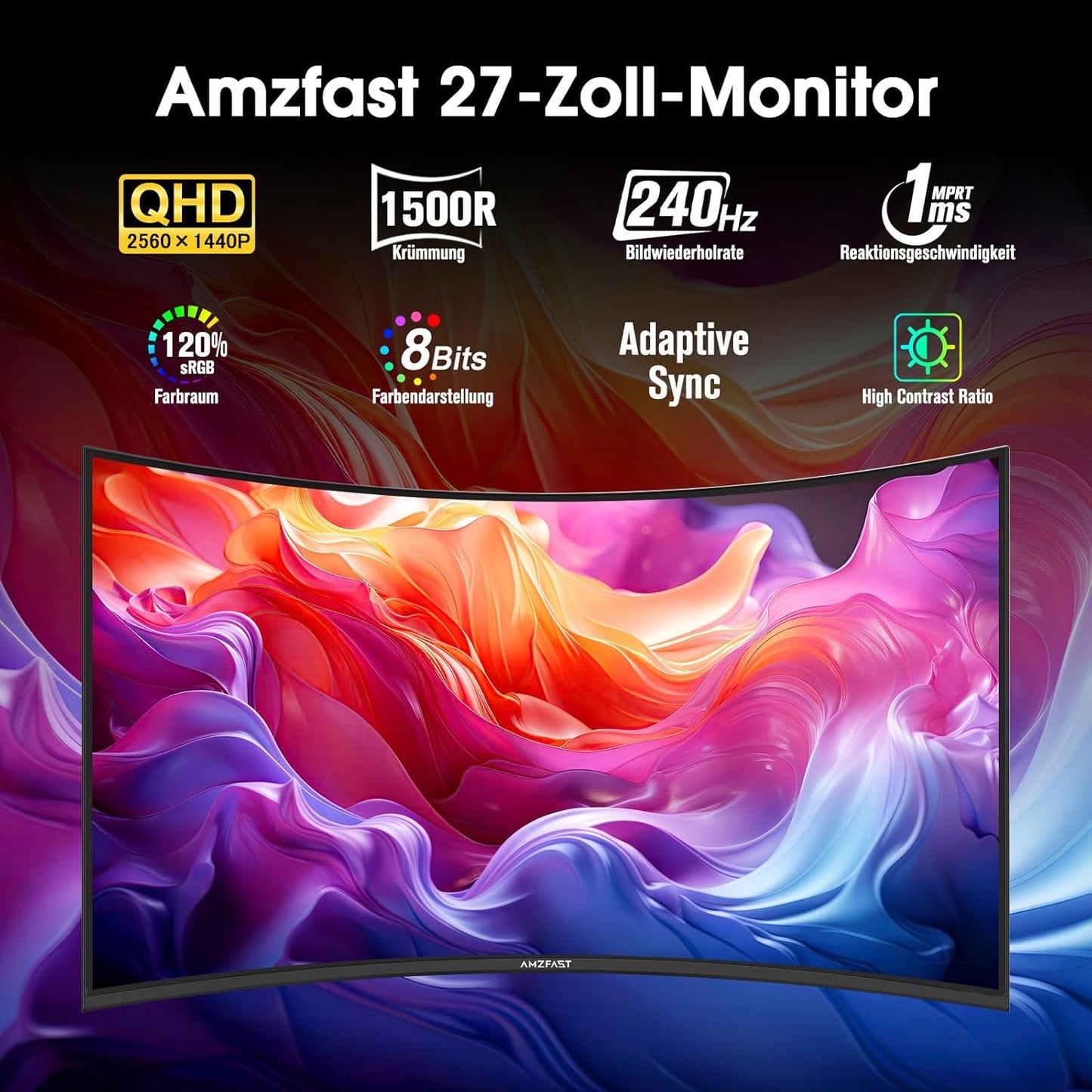 Amzfast 32 Zoll Curved Gaming Monitor (240Hz, 1920x1080, 1ms MPRT, 1500R), Adaptive-Sync, 90% DCI-P3, 120% sRGB, 300cd/m², HDMI 2.0 & DisplayPort 1.4 (AMZG32C3F)