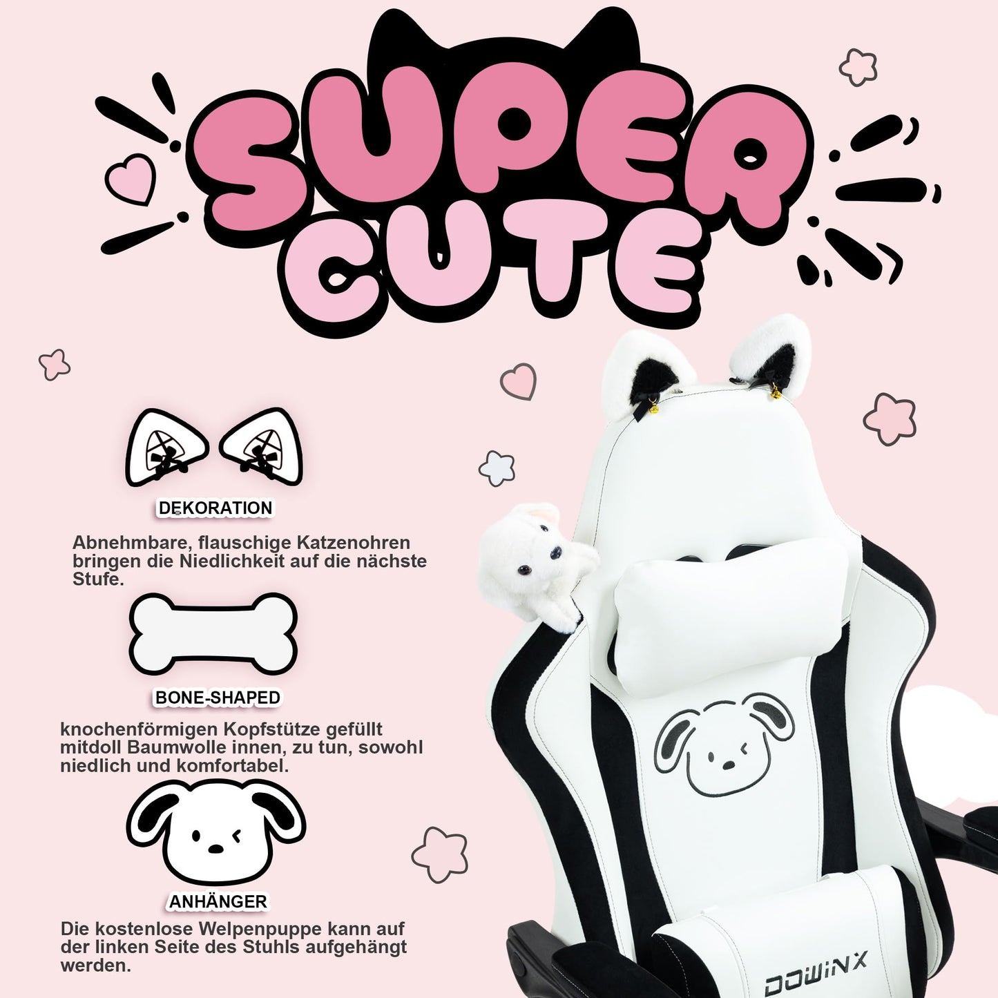Dowinx Gaming Chair - Cute Cat Edition - Ergonomic Computer Chair with High Back and Lumbar Support, PU Leather, Footrest, Black