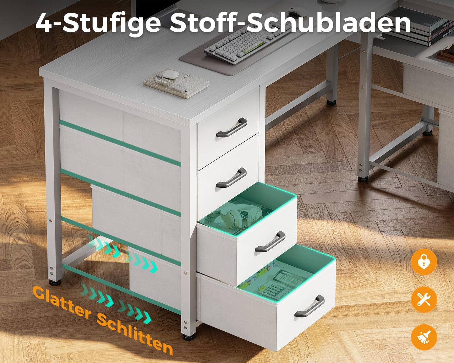 Coleshome Desk with Fabric Drawers, Reversible Desk L Shape with Filing Drawer, Corner Desk with USB Charging Port and Socket, Home Office Desks (White, 140 x 70 cm)