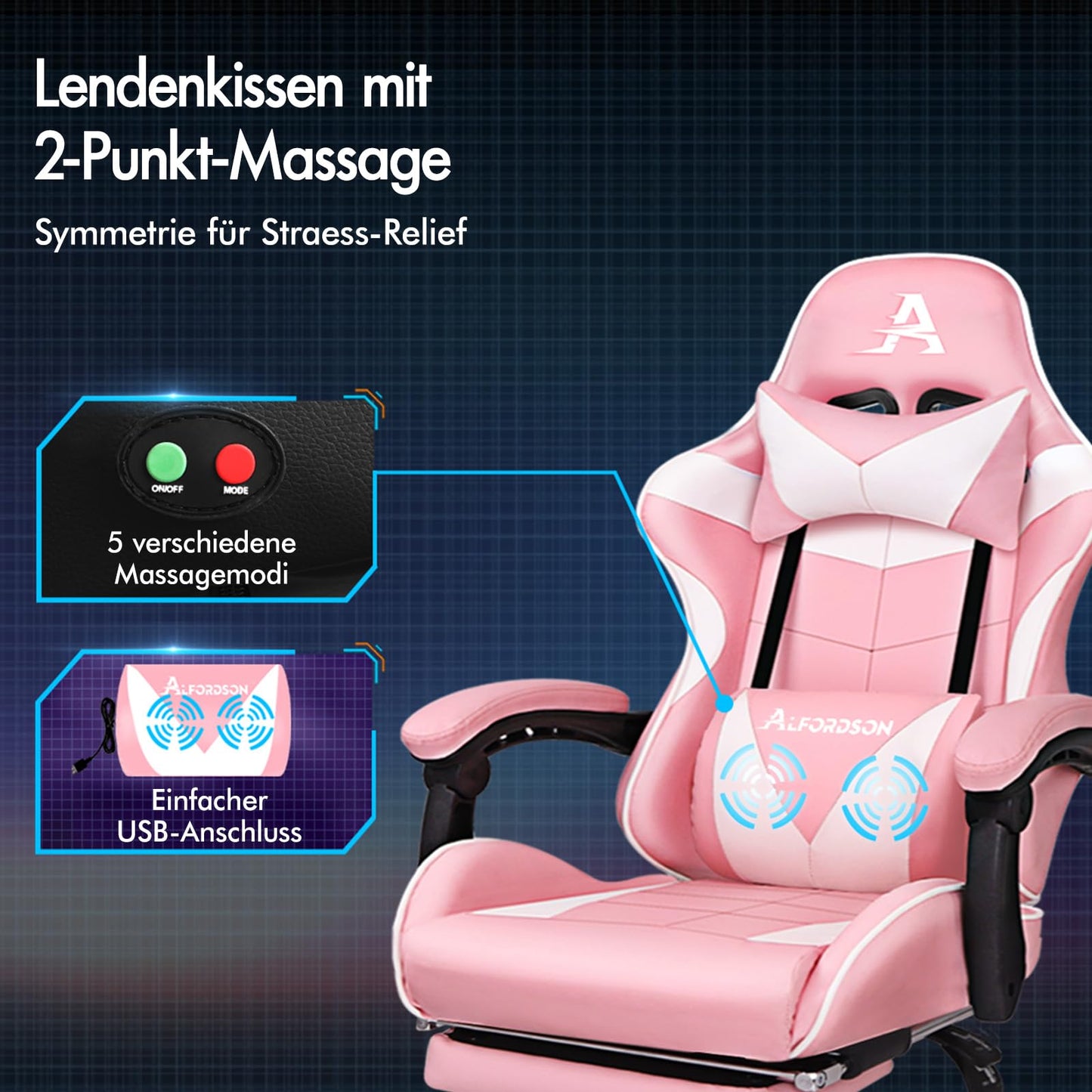 ALFORDSON Videospielstuhl, ergonomischer Bürostuhl, Massage-Rennstuhl, einziehbare Fußstütze, PU-Leder, höhenverstellbar und neigbar, 180 kg Tragkraft, Schwarz