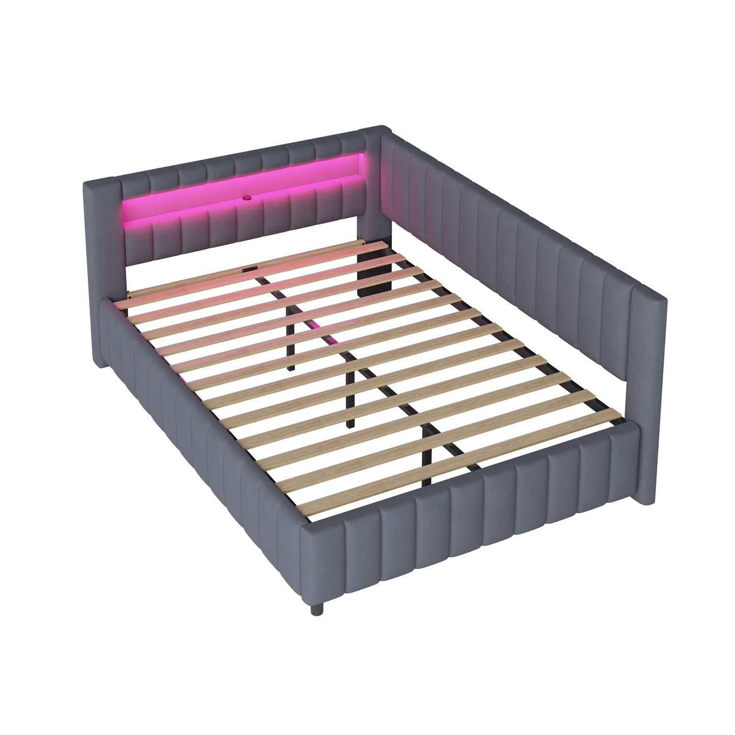 KEYIDE Upholstered Sofa Bed, 140 x 200 cm with LED Lighting and USB Charging, Bed Frame with Wooden Slatted Frame, Day Bed, Guest Bed, Youth Bed, Velvet Fabric, Without Mattress (Grey, 140 x 200)