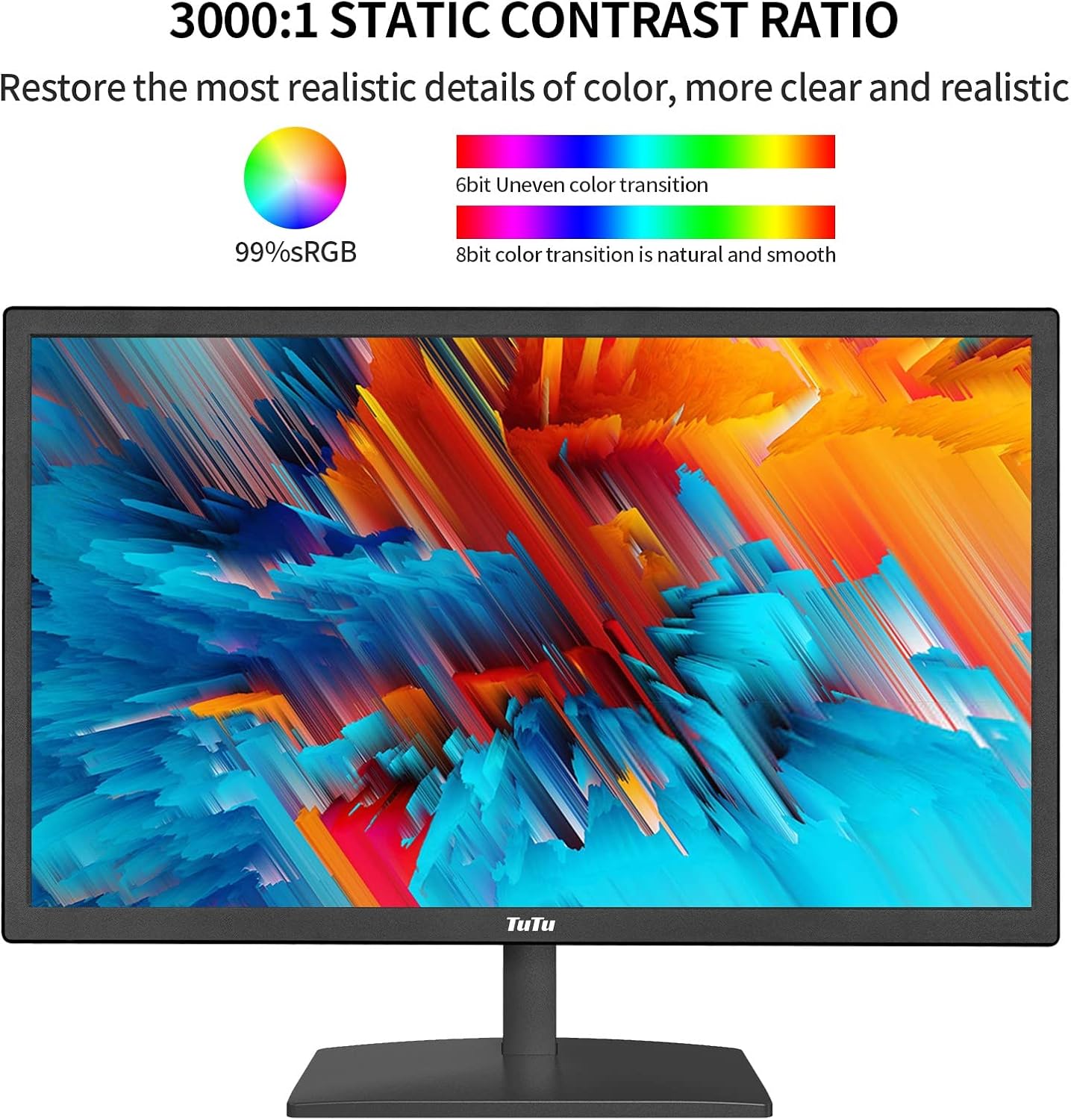 TuTu 24 Zoll Monitor Full HD VA Panel Randlos 75HZ Eye Care (1920 x 1080, VGA HDMI VESA 75 x 75mm) Flimmerfrei Blaulichtfilter Niedriger Stromverbrauch Monitor für PC Büro Schwarz