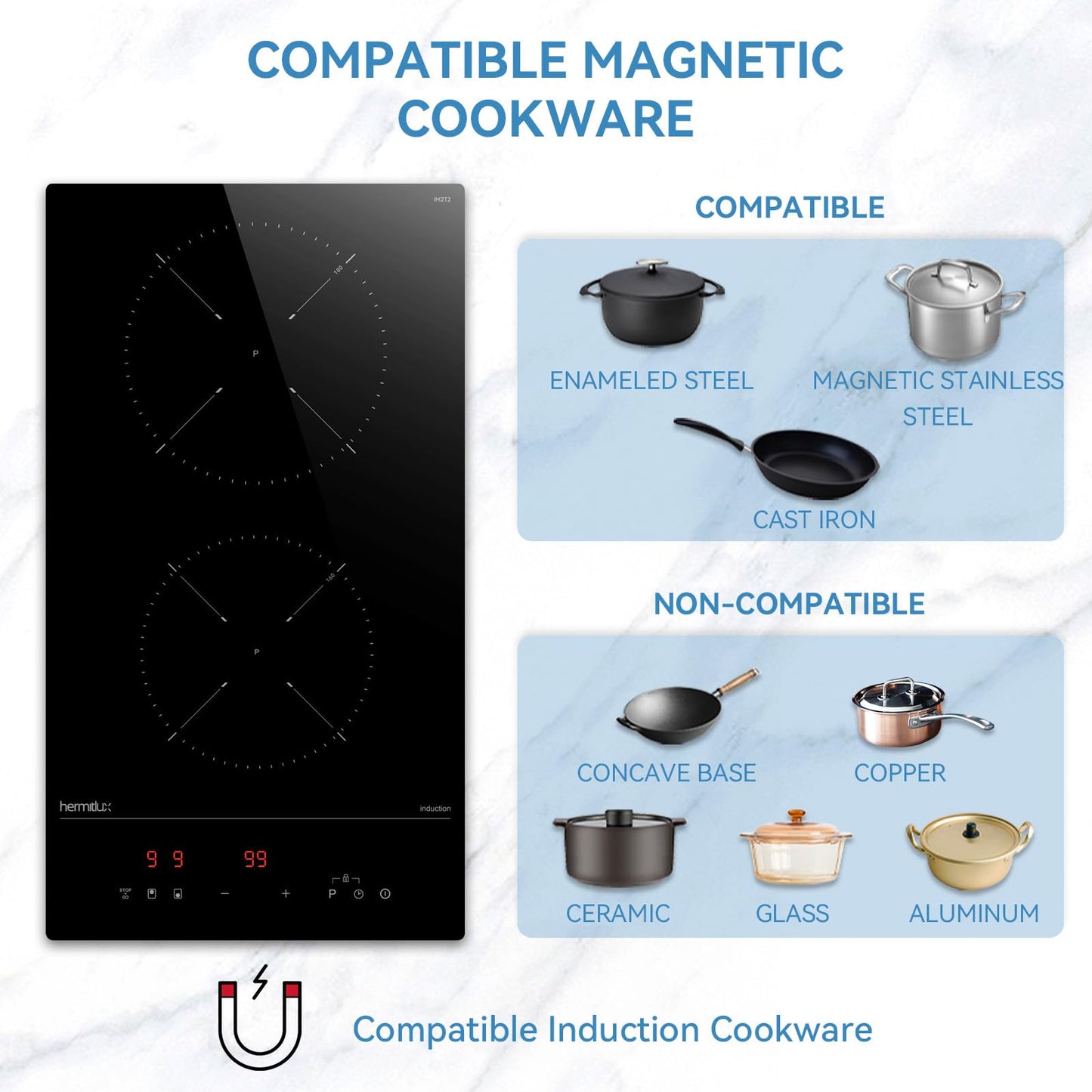 Hermitlux kochfeld 28,8cm, Glaskeramik Kochfeld 2 Platten, 9 Leistungsstufen, Touch-Steuerung, Timer, Kindersicherung, Geeignet für Alle Töpfe, 3300W