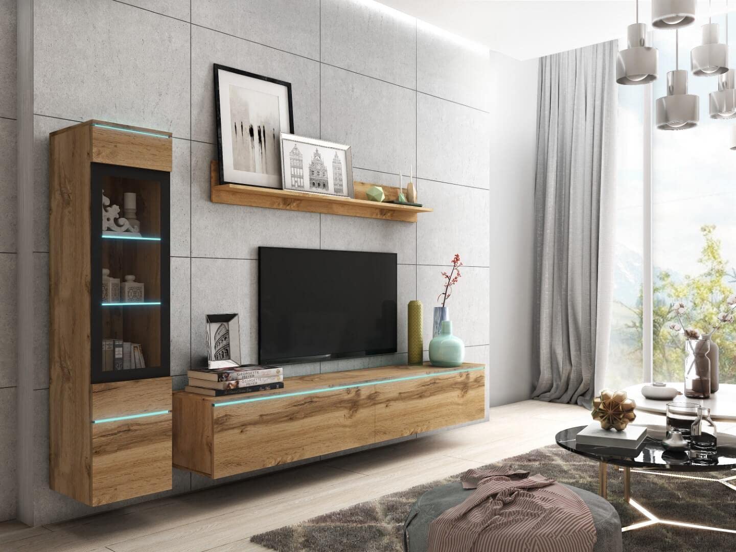 MINIO go for it Veve 2, 4-Piece Wall Unit Set, Hanging or Standing, 2 x Tall Cabinet Display Cabinets, Lowboard, Wall Board, Laminated Clamping Plate, Wotan Oak and Black Gloss, without Lighting