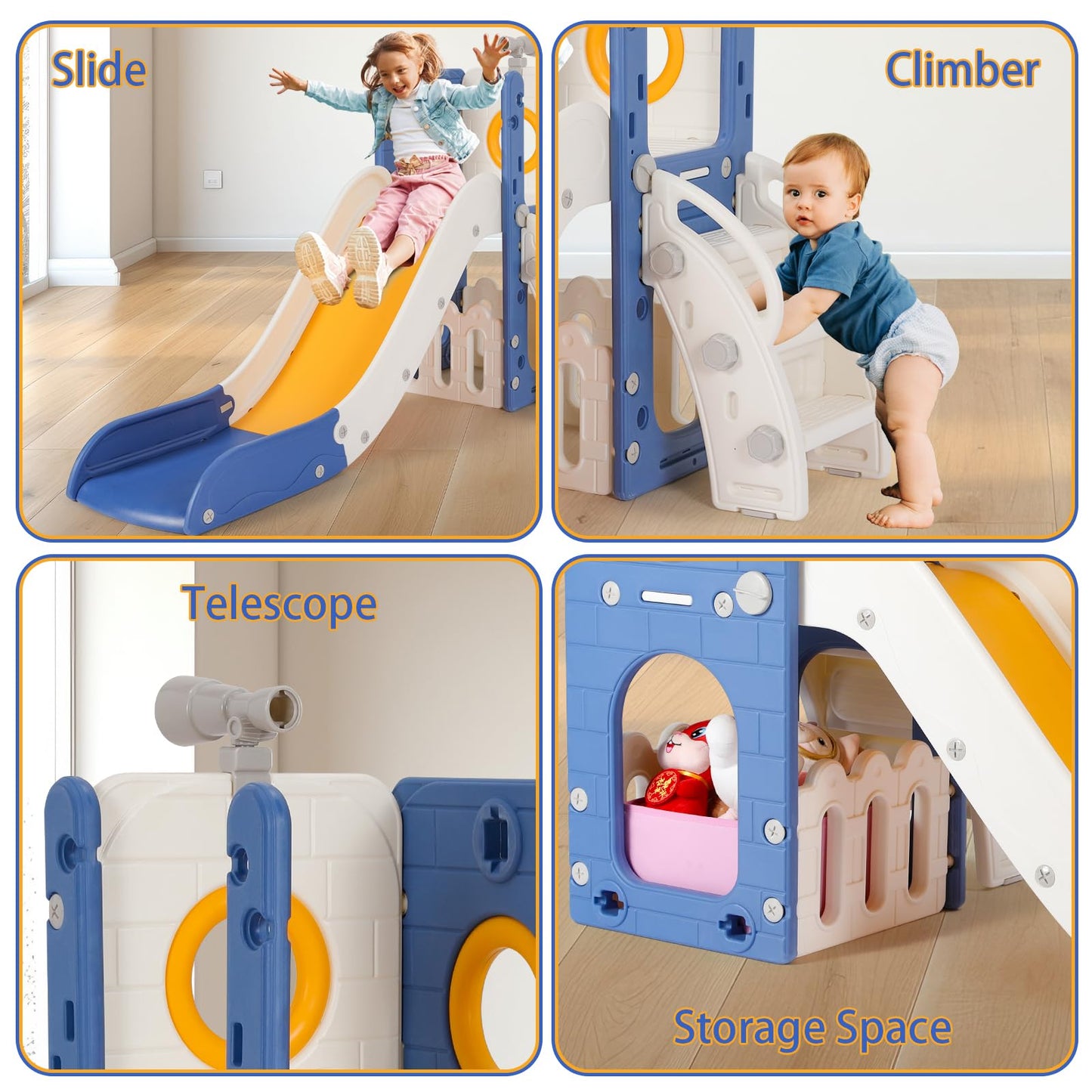 Kinderrutsche, für 1-3 Jahre, Indoor & Outdoor Rutsche ab 1 Jahre, Freistehende Rutsche mit Stauraum & Spielteleskope, Gartenrutsche, Kinder Spielplatz, mit 2PCS Moduls, Grün Grau