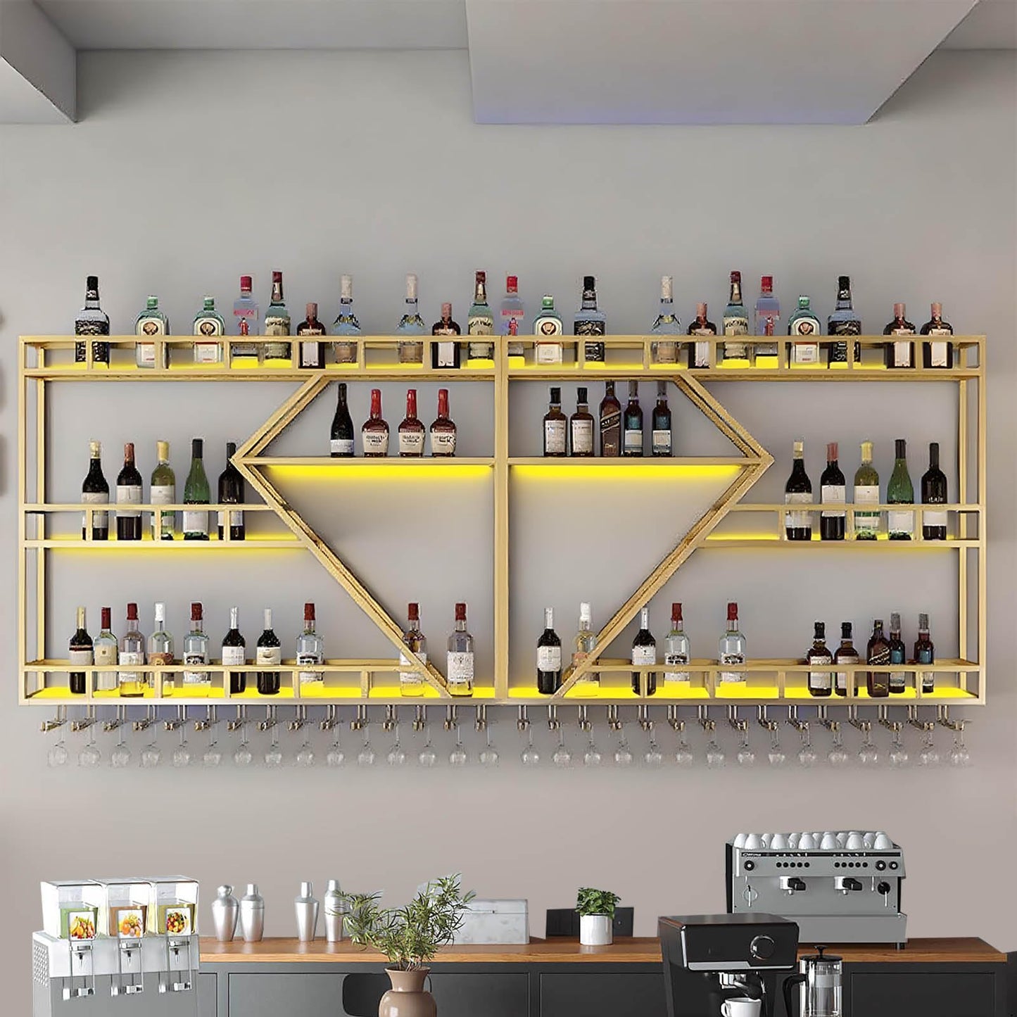Weinregal aus Metall, großer Weinflaschenhalter aus Wandmontage mit 3 Ebenen, modernes, schwebendes Barregal in Rautenform,für die Dekoration von Restaurants und Bars zu Hause (schwarz, 200cm)