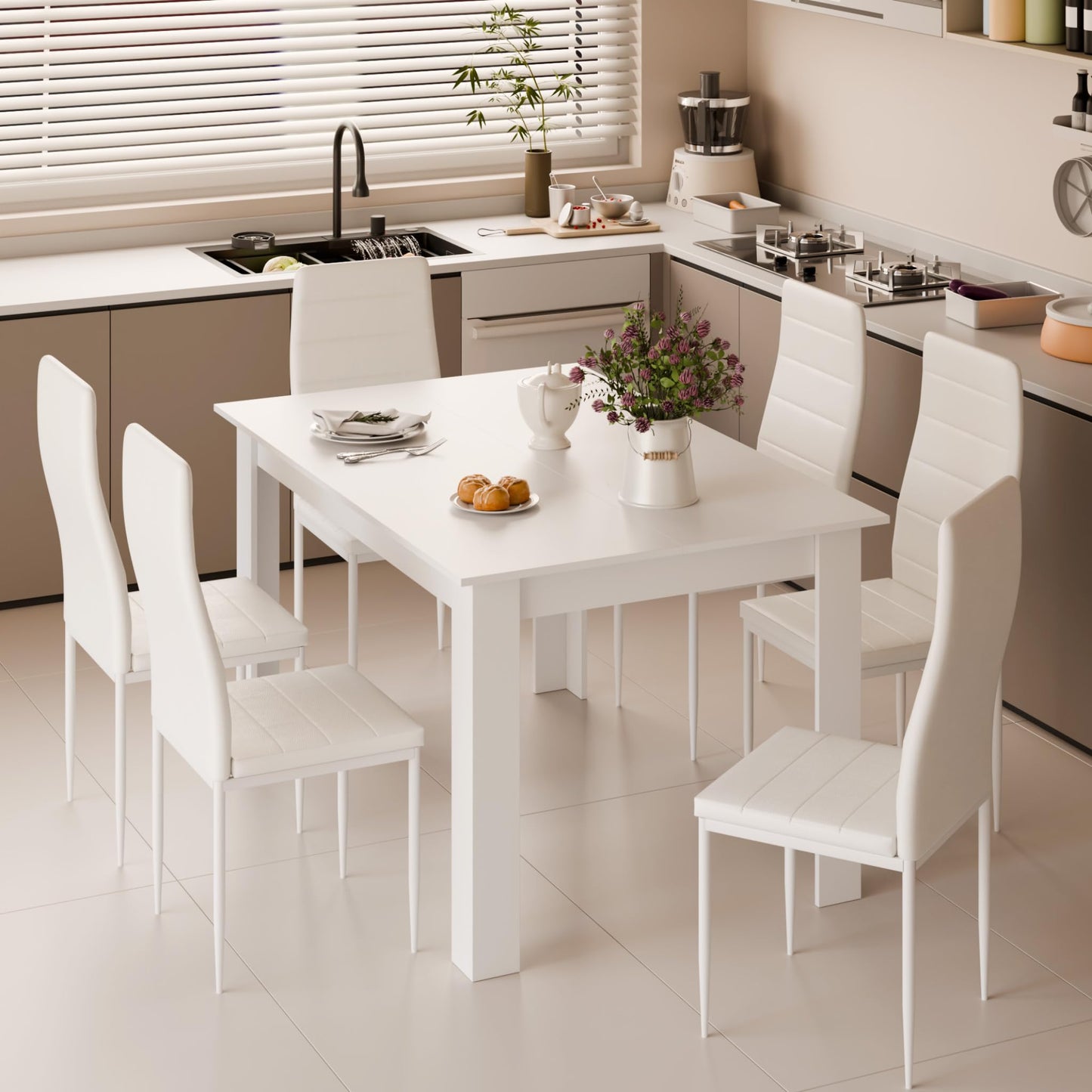 Mondeer Dining Table with 6 Chairs Set, Dining Set with High-Backed Chair, Faux Leather Chair for Kitchen, Dining Room, Living Room, W138 x D90 x H75 cm, White and Grey