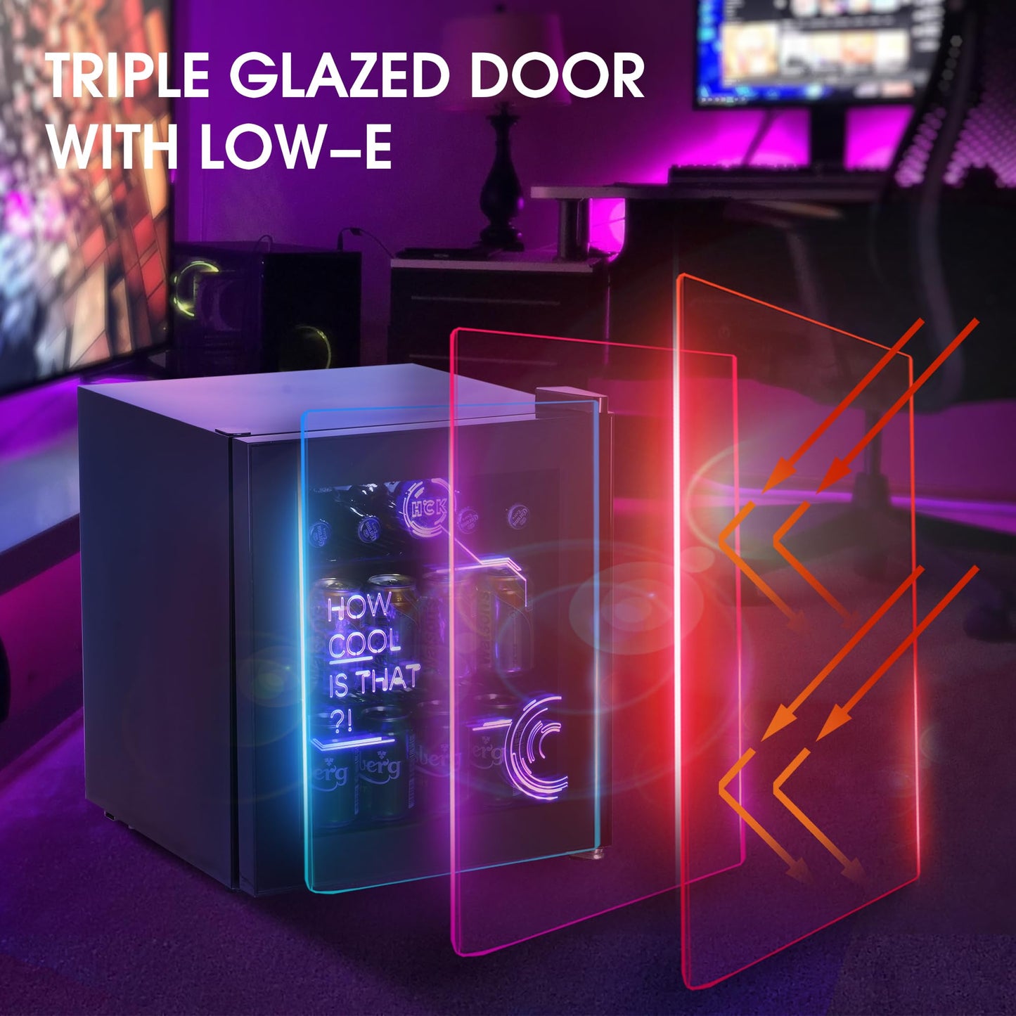 HCK 98L Getränkekühlschrank mit Cyberpunk RGB Beleuchtung, Minibar kleine Kühlschrank mit Glastür, lautlos 39dB, 0-15°C, Bierkühlschrank für Spielzimmer, Küche, Schwarz