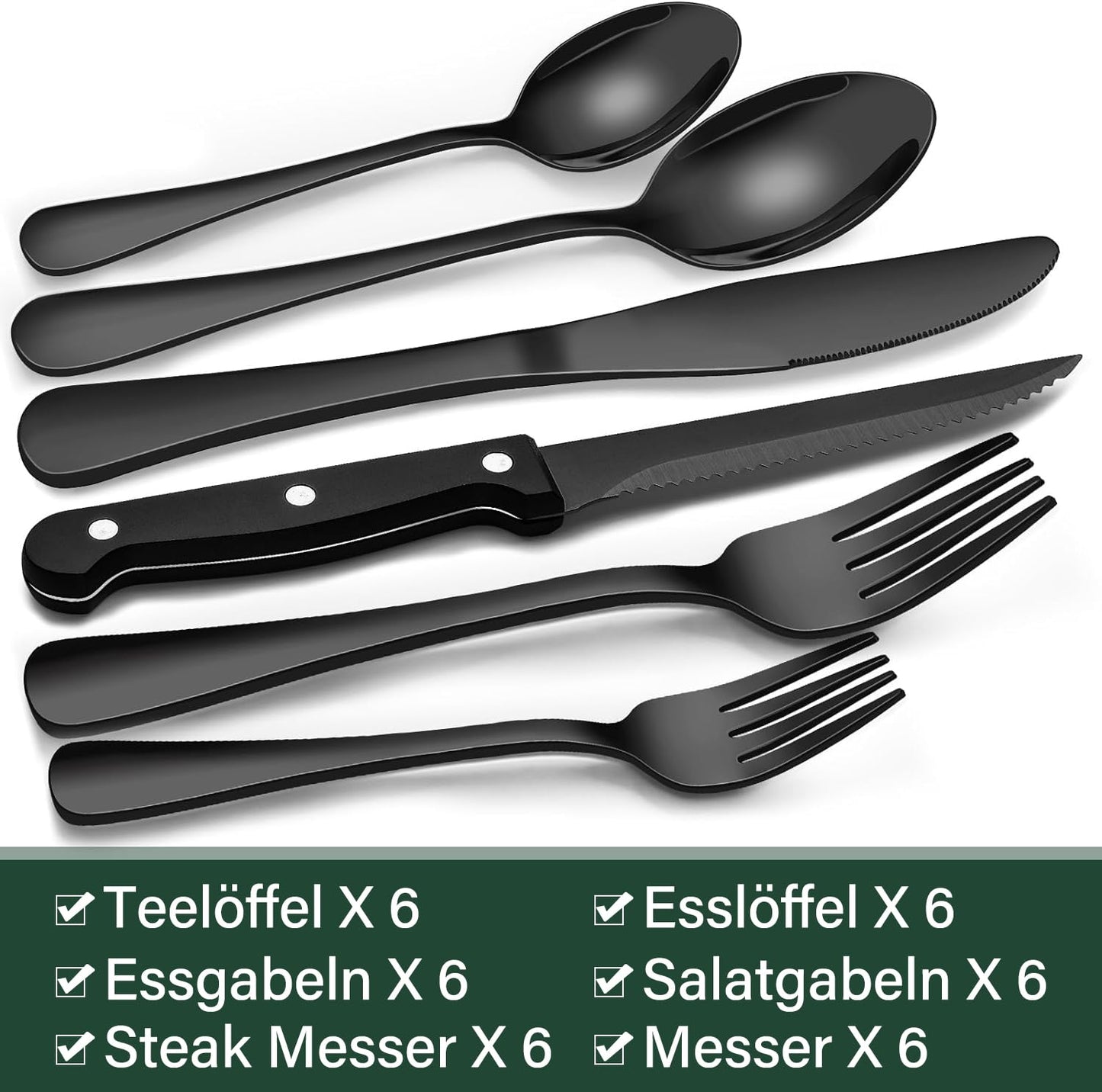 Terlulu 36-Piece Stainless Steel Cutlery Set with Steak Knife Black, Cutlery Set for 6 People, Elegant Cutlery Set with Knife, Fork, Spoon, Cutlery for Home/Party/Restaurant, Dishwasher Safe