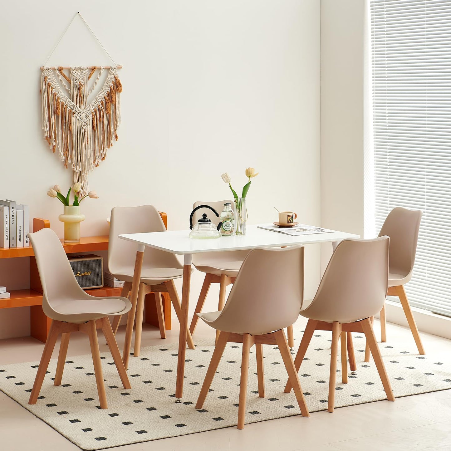 H.J WeDoo Esszimmergruppe mit 4 Essstühlen, Rechteckig Esstisch und Stühle für Esszimmer, Küche, Wohnzimmer, Weißer Esstisch und Graue Stühle