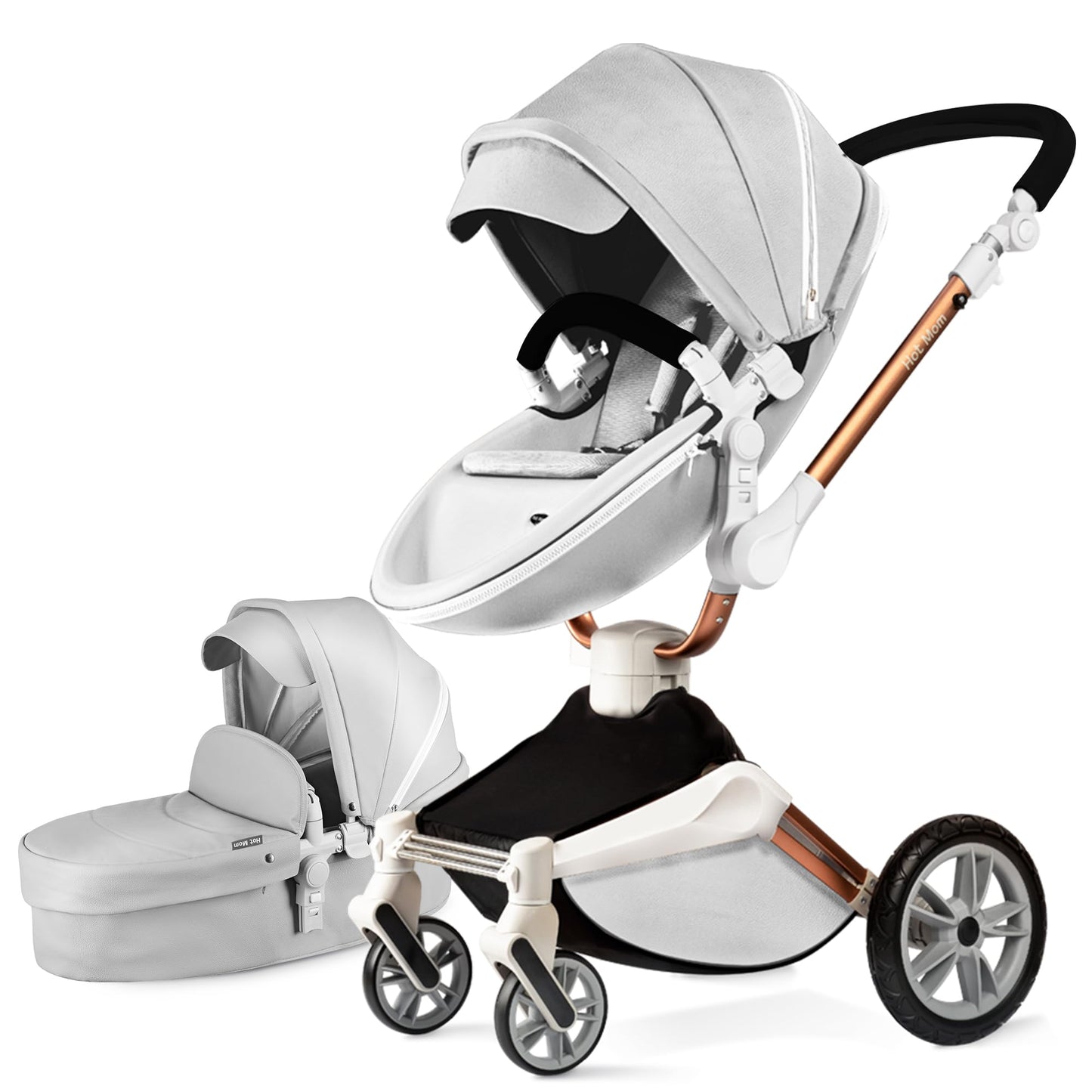 Hot Mom Pram Set with 360° Rotation Function, Combination Pushchair 3-in-1 Equipped with PU Tyres and Faux Leather Seat and Many Other Accessories, Dark Grey