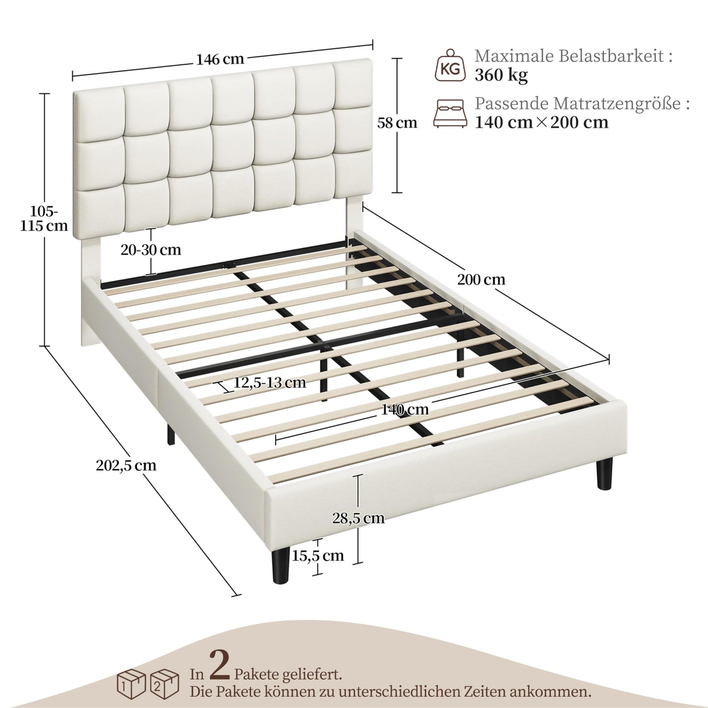 Yaheetech Upholstered Bed 140 x 200 cm Double Bed with Height-Adjustable Headboard, Sturdy Bed Frame, Fabric Bed with Slatted Frame, Padded Bed Frame, Youth Bed, Dark Grey